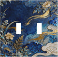 Decorative Light Switch Cover Plate Blue White Flower Gold Line Cloud 2 Gang Outlet Covers Double Toggle Wall Plates for Electrical Outlets Switch Plate Covers Faceplate for Home Decor