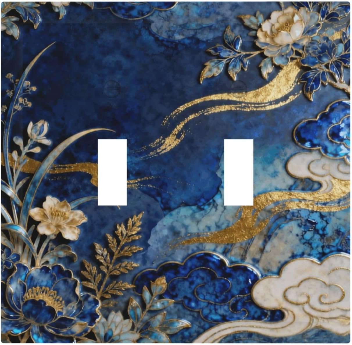 Decorative Light Switch Cover Plate Blue White Flower Gold Line Cloud 2 Gang Outlet Covers Double Toggle Wall Plates for Electrical Outlets Switch Plate Covers Faceplate for Home Decor
