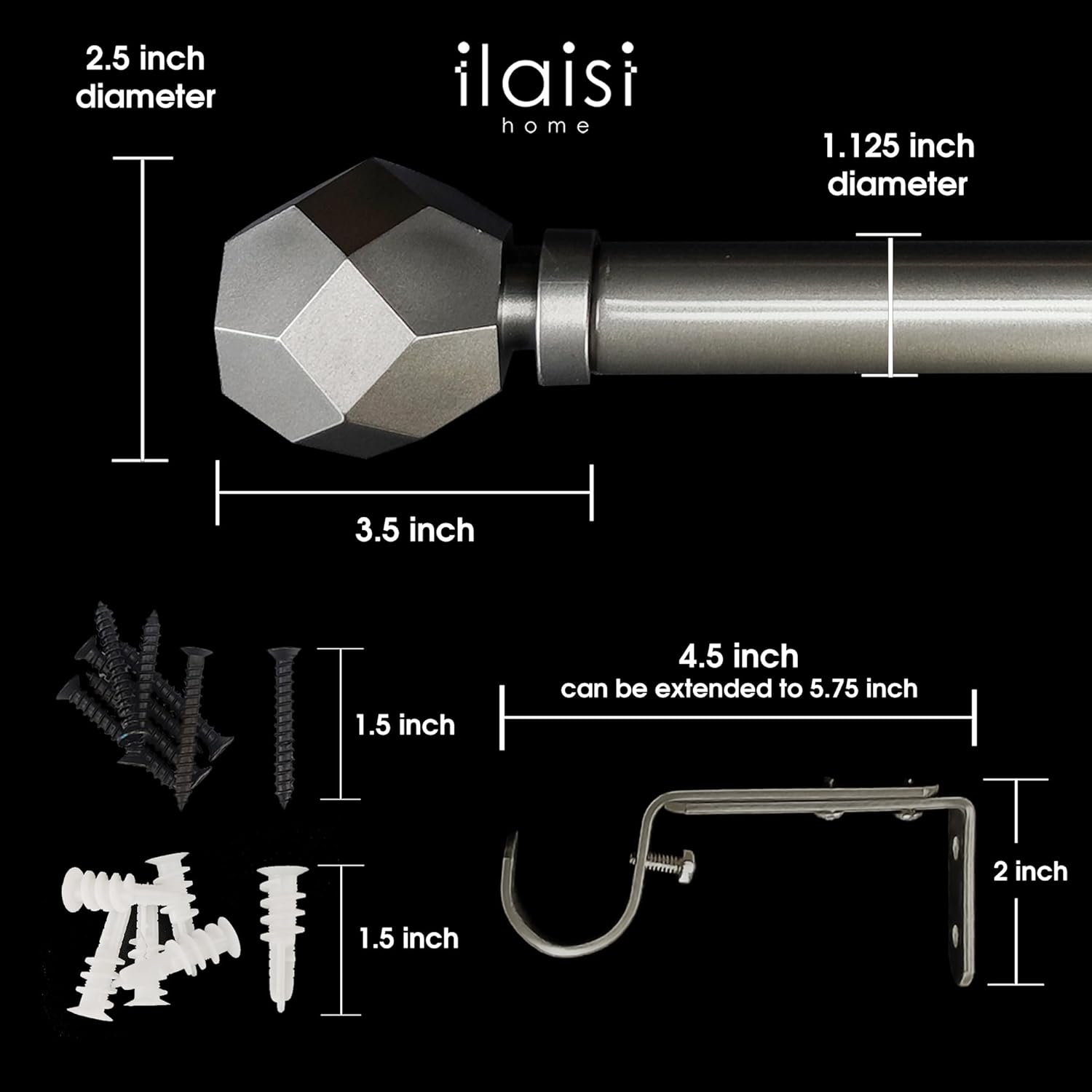 1-1/8 Inch Diameter Burnished Silver Curtain Rod with Geometric Faceted Finials, 36-72'' Telescoping Single Curtain Rods for window width 24-68 inch, 1 pack