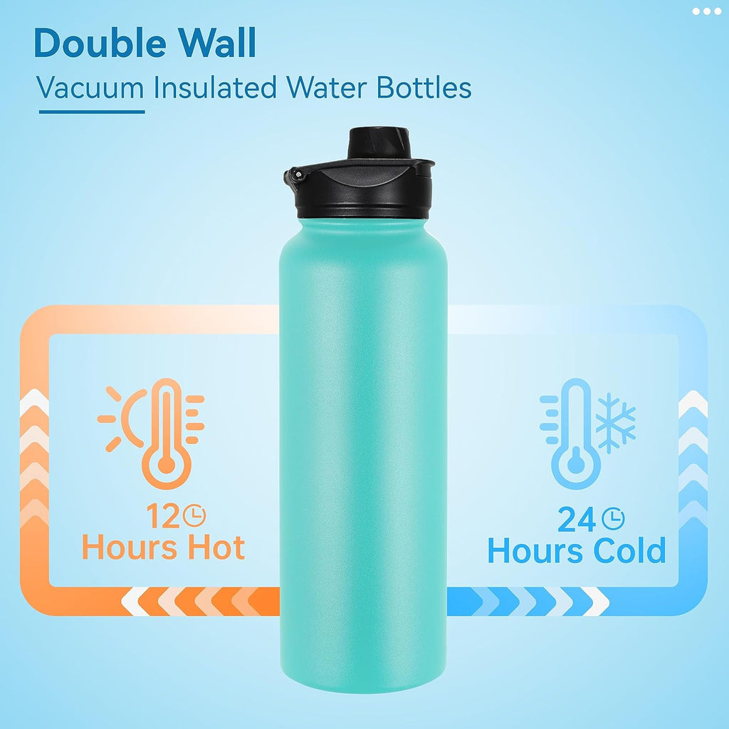 VEGOND 40 oz Insulated Water Bottle Stainless Steel Metal Water Bottles with Leak Proof Straw Lid & Spout Lid, Wide Mouth Double Walled Vacuum Travel Sports Bottle, Mint Green
