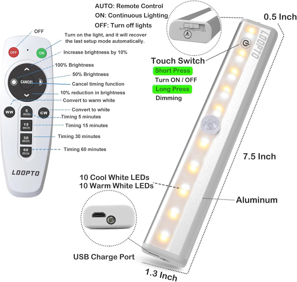 LDOPTO Under Cabinet Wireless LED Lights, 6 Pack Rechargeable Battery Operated, Dimmable, Remote Control, Stick On Night Lights for Kitchen, Pantry, Stairs, Hallway, 3 Colors