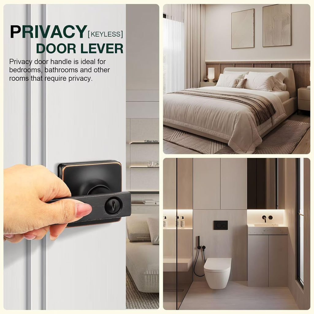 GOBEKOR 2 Pack Bronze Door Handles Interior with Lock Privacy Door Levers Oil Rubbed Bronze Lever Door Handle Interior Keyless Door Locks for Bedroom Bathroom Bronze Square Door Handles