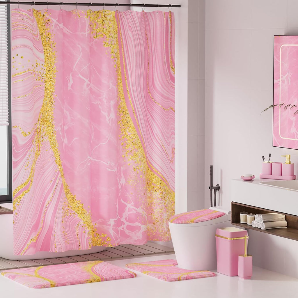 25PCS Bathroom Accessory Set, Pink Bathroom Set with Large-Capacity 4 Gallon Trash Can,Bathroom Rugs Set, Waterproof Shower Curtain, Toilet Brush, Toothbrush Holder & Soap Dispenser