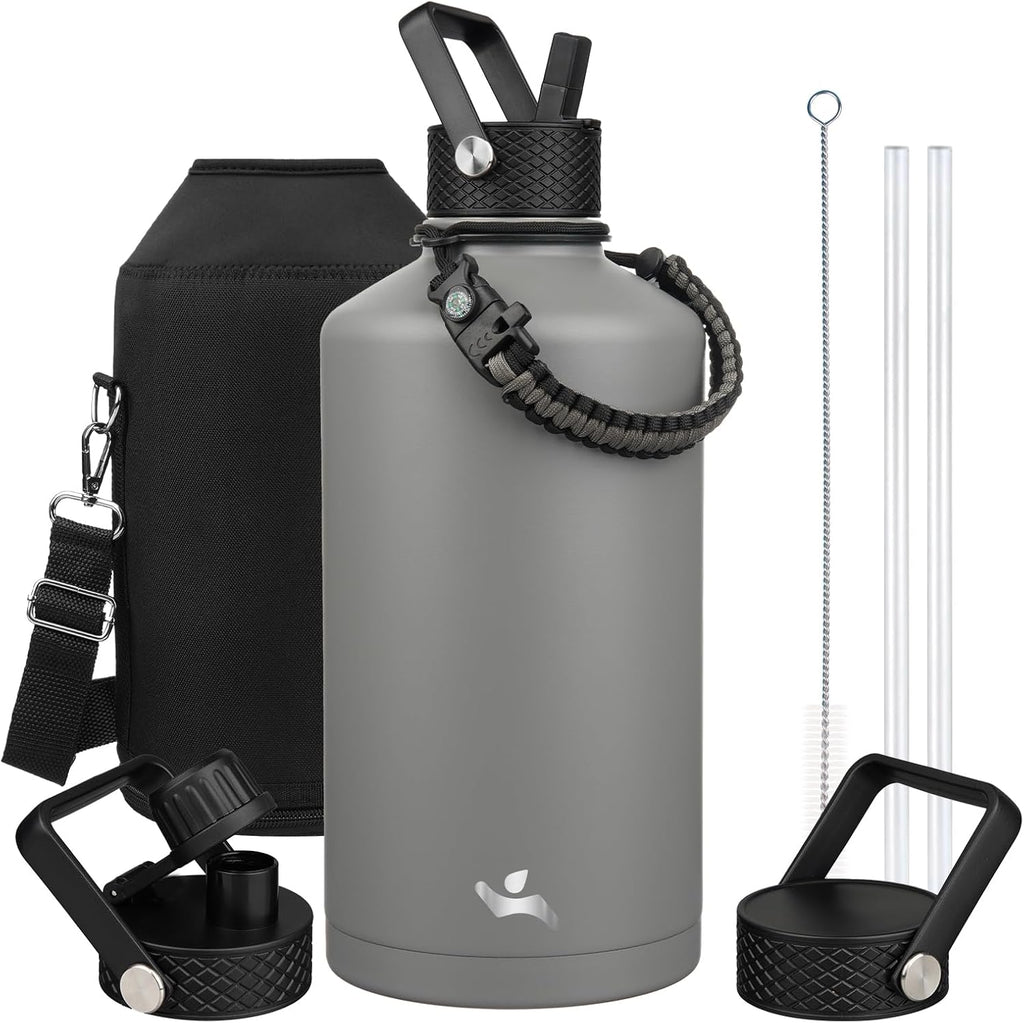 Gallon Insulated Water Bottle with Straw,128 oz 3 Lids Water Jug with Carrying Bag,Paracord Handle, Double Wall Vacuum Stainless Steel Metal Flask,Gray
