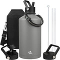 Gallon Insulated Water Bottle with Straw,128 oz 3 Lids Water Jug with Carrying Bag,Paracord Handle, Double Wall Vacuum Stainless Steel Metal Flask,Gray