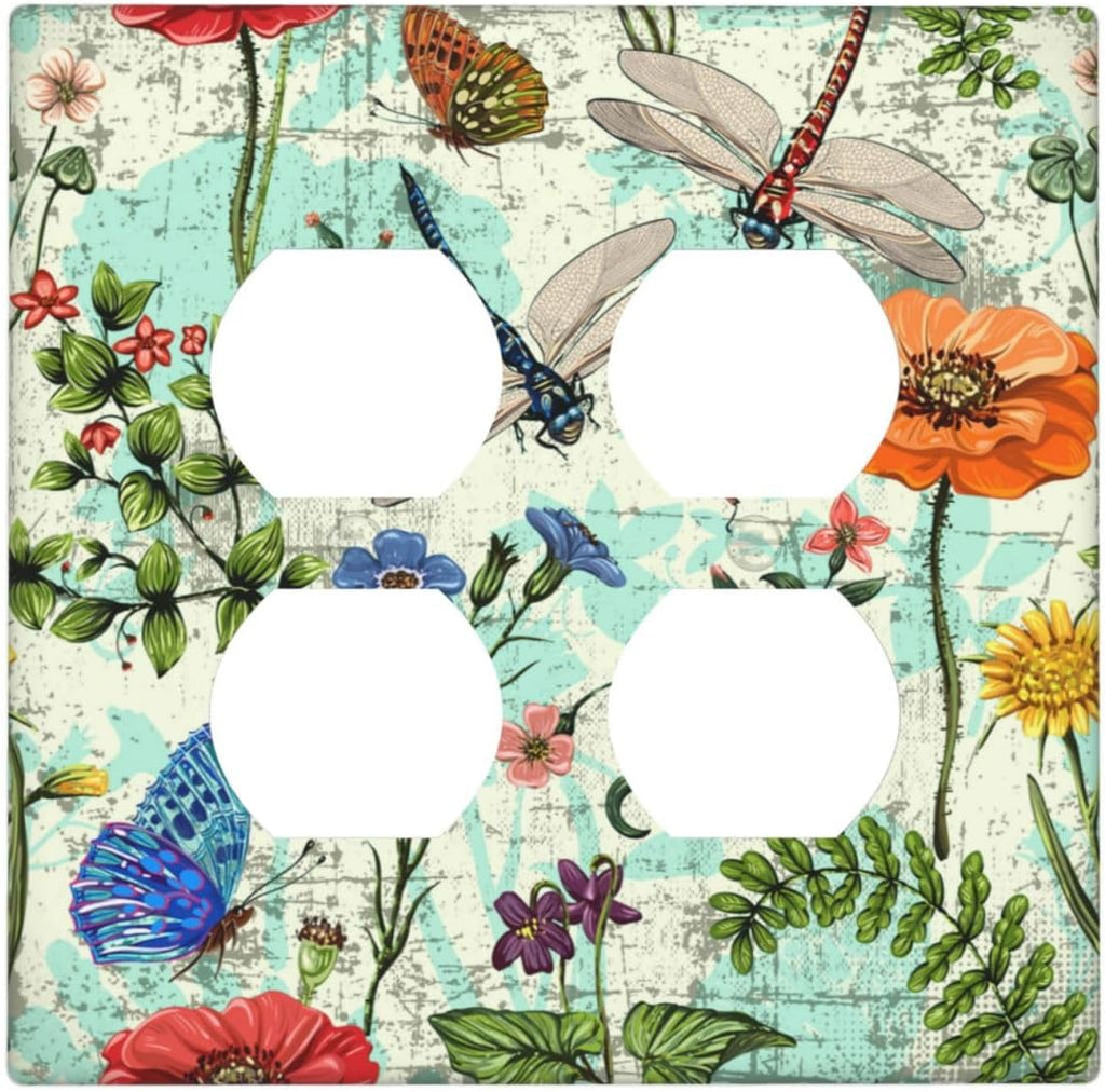 Dragonflies Flowers Butterfly 2 Gang 2 Duplex Outlet Light Switch Cover Decorative Wall Plate Cover For Home Living Bedroom Kitchen Decorative
