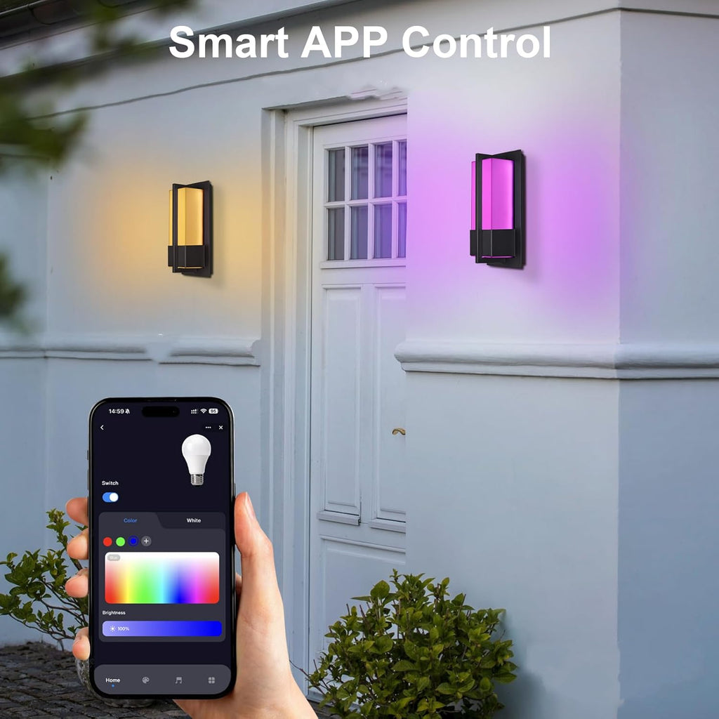 Smart Outdoor Wall Lights 3000K-5000K, Modern RGBCW Porch Lights Outdoor, Acrylic Glass Exterior Lighting for House, Patio, Garage, Yard