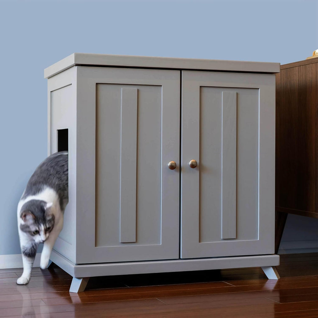 The Refined Feline Cat Litter Box Enclosure Cabinet, Shaker, Smoke Gray, Mid-Century Feet, Large, Hidden Litter Cat Furniture with Drawer