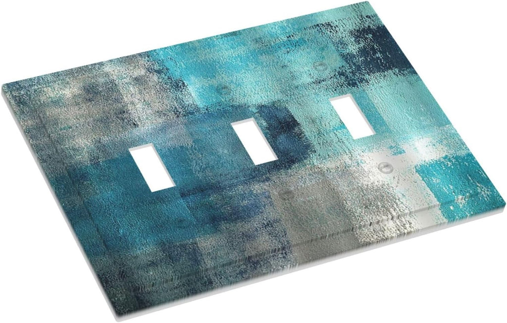 Decorative Switch Plates Teal Blue Modern Geometric Abstract Turquoise Green 3 Gang Wall Plate Triple Toggle Light Switch Cover Faceplate Electrical Wall Panels for living Room Bedroom