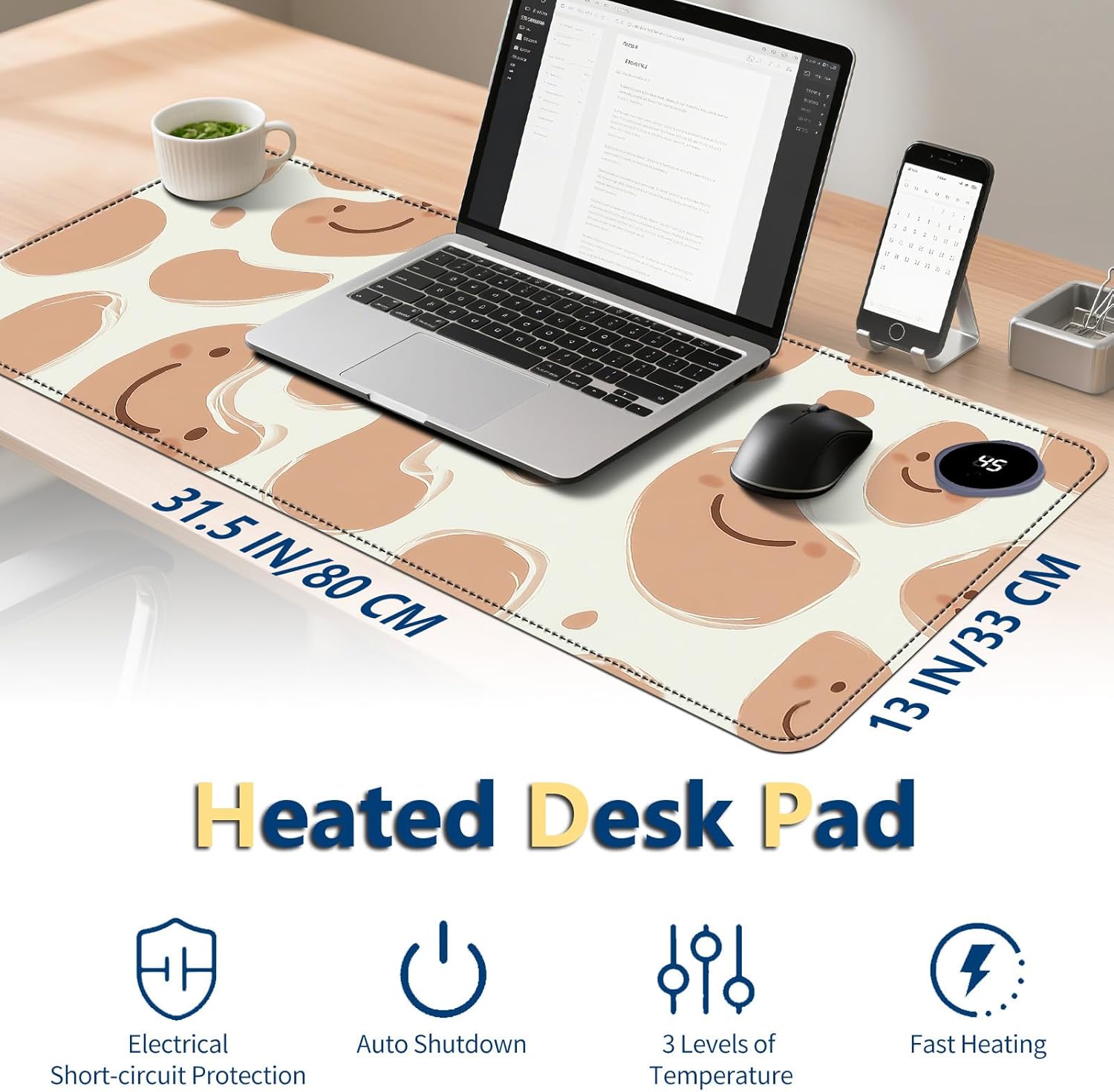 Heated Mouse Pad with 3 Temperature Settings(104°F–122°F),Large 31.5x13 Inch PU Leather Heated Desk Mat,Waterproof Warming Pad for Office,Gaming & Cold Hands Relief,Abstract Geometrical