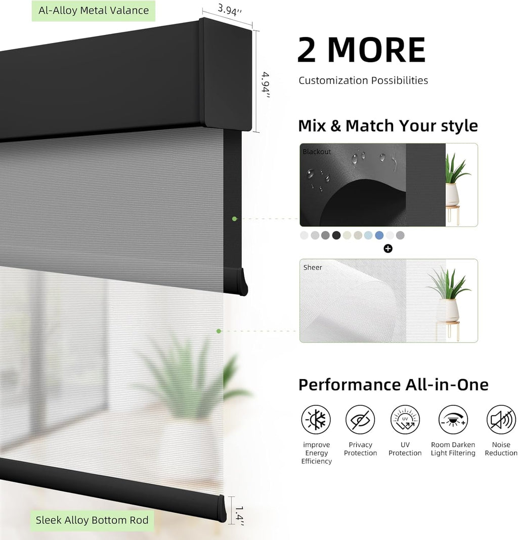 ZSTARR Motorized Day and Night Dual Smart Blind for Window with Valance Rechargeable Motor,Blackout Roller Shade Custom Size,with Valance Suitable for Home,Office (Full Blackout Pure Black)