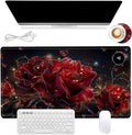 Heated Mouse Pad, Warm Desk Pad, Keyboard Mat 23.6 x 14 Inch Large Size Intelligent Fast Heating, 3 Speed Adjustable, Timed Auto Power Off for Game Office Home, Flowers Roses