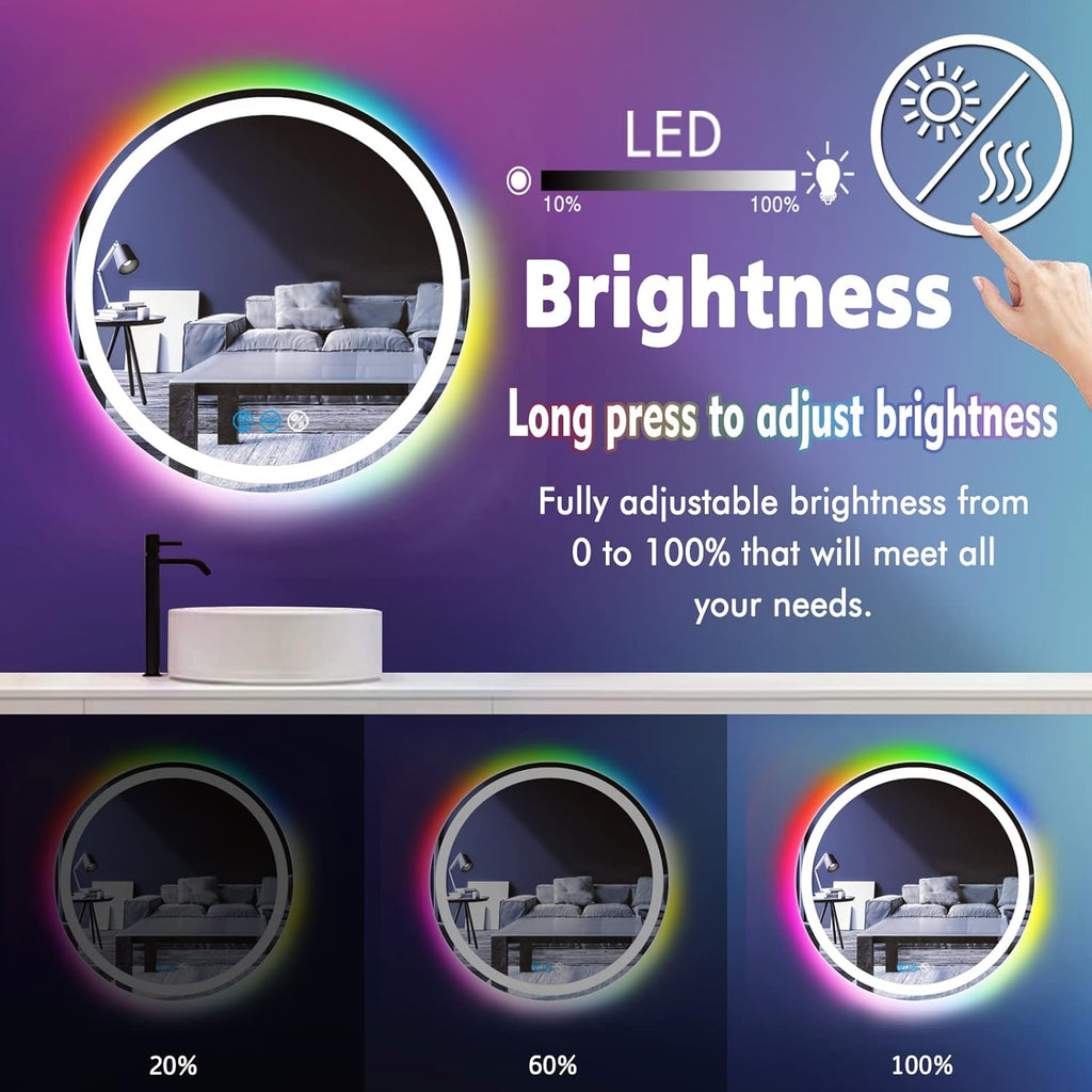20 inches Round LED Bathroom Mirror, Wall Mounted, Front Lights (3 Colors) & RGB Backlit, Anti-Fog, Smart Light up, Circle Mirror, 20Inch Vanity Mirror, Rainbow