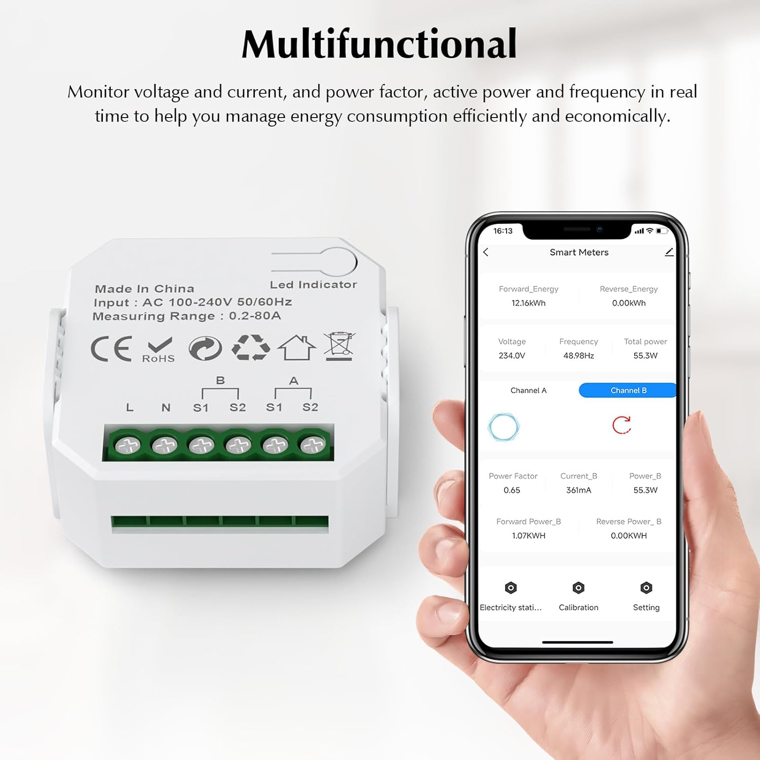 eMylo 1-Channel WiFi Power Meter 80A Smart Energy Monitor, Clamp-on Ammeter, 2.4GHz WiFi, Real-time Monitoring, Smart Life/TUYA APP, Home Power Monitor, Compatible with Alexa and Google Assistant