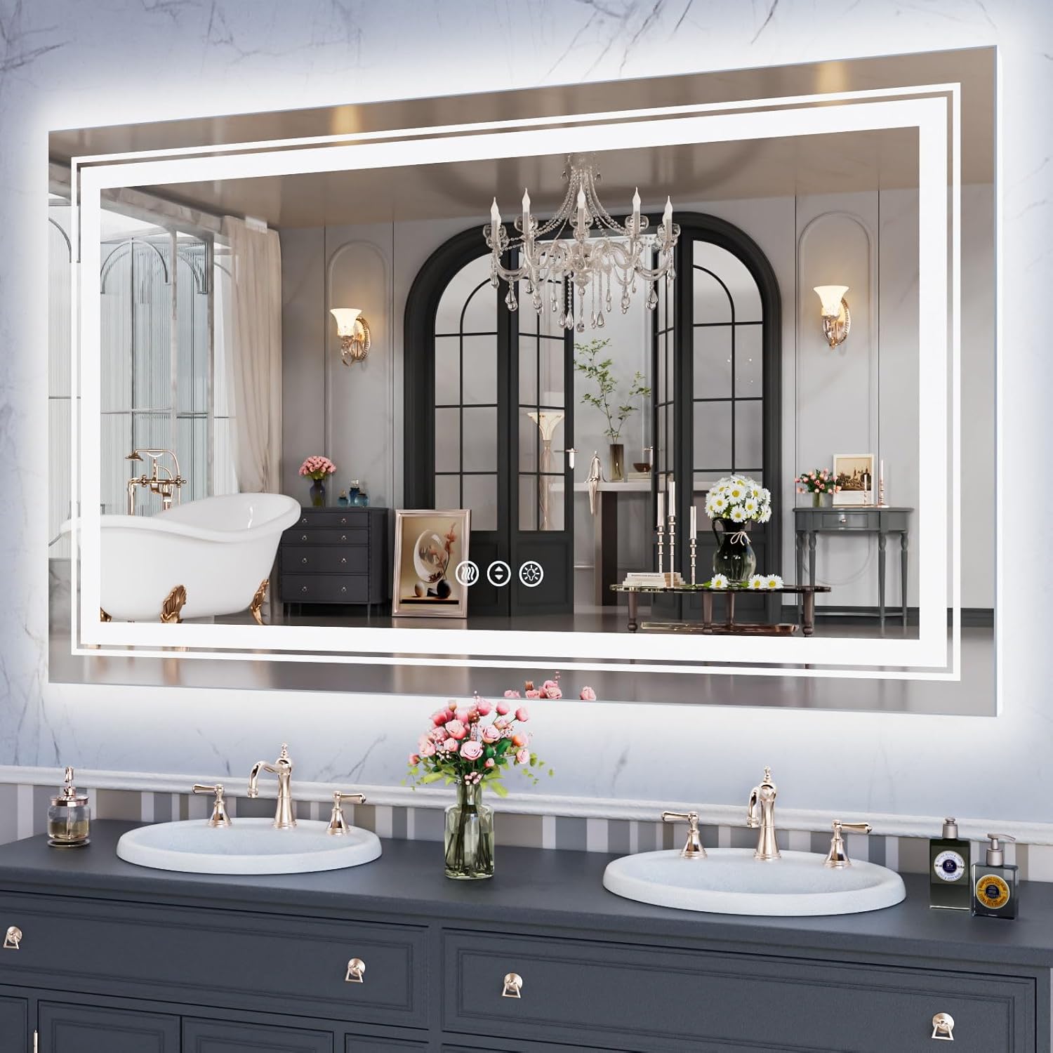 WTTY LED Bathroom Mirror with Backlit and Front Light,40"x24",Stepless Dimmable LED Mirror for Bathroom,Anti-Fog Lighted Bathroom Vanity Mirror Modern for Wall,Memory Function,Shatter-Proof
