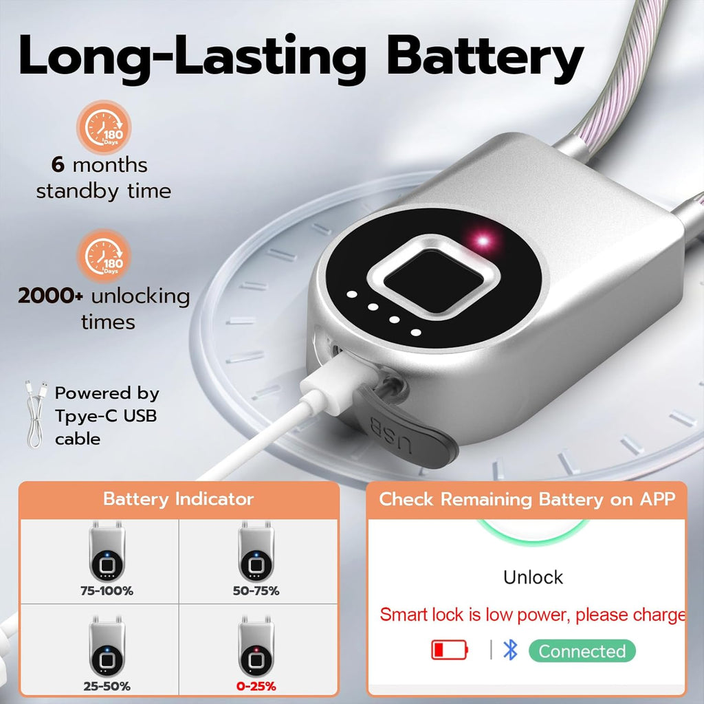Fingerprint Cable Lock, eLinkSmart Fridge Locks with Bluetooth APP Control, Biometric Smart Padlock for Adults Baby Proof Cabinet Refrigerator French Door Cabinet Gate Locker Bike, 14.9'' Long Silver