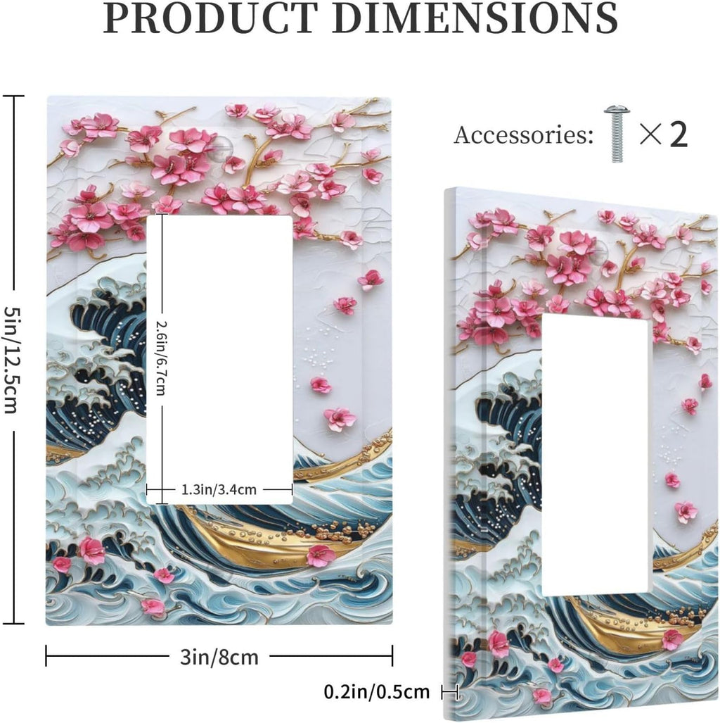 Decorative Outlet Covers The Great Wave Off Kanagawa With Sakura 1 Gang Single Rocker Light Switch Cover Plate Wall Plates GFCI Faceplate for Bedroom Bathroom Decor