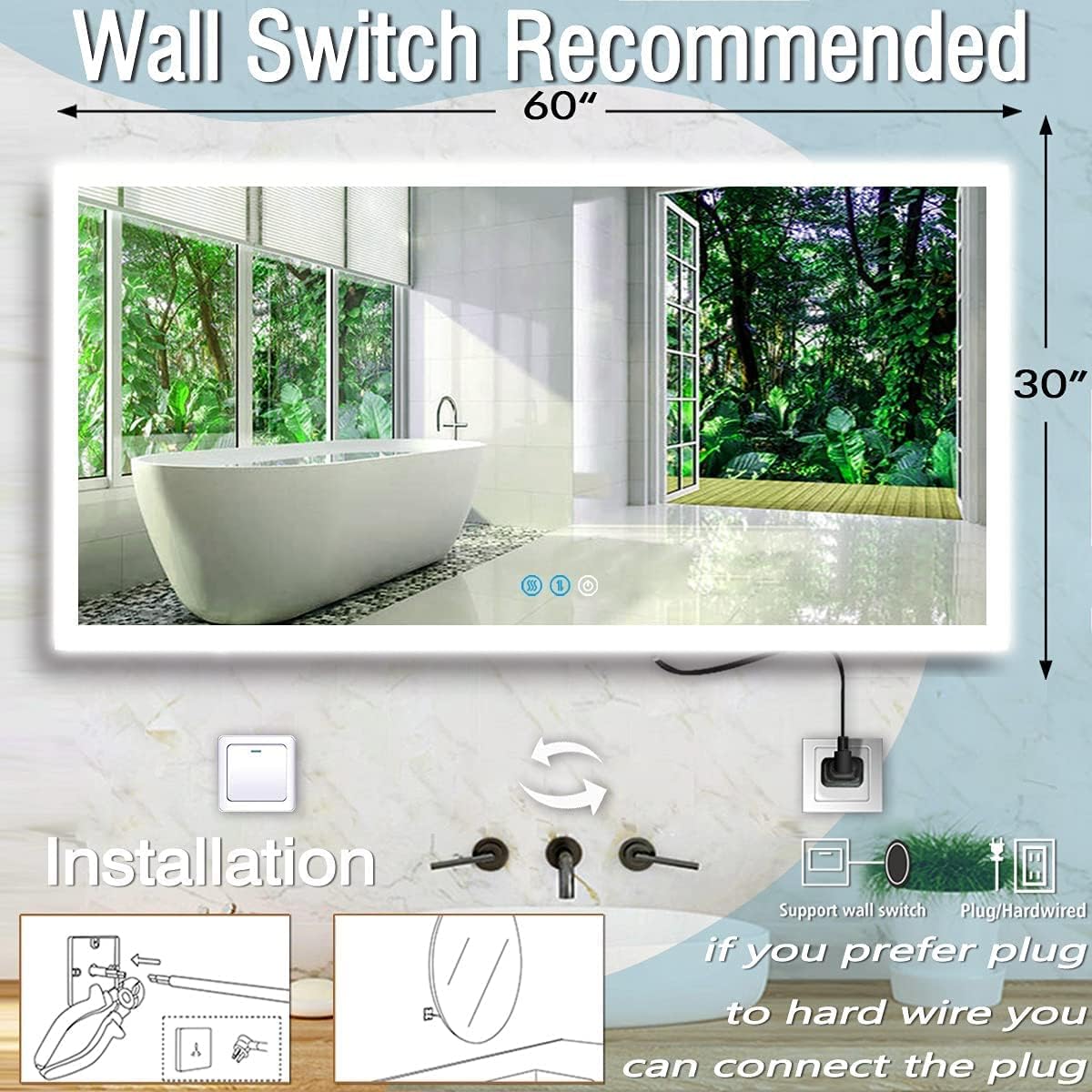60 x 30 Inch LED Mirror for Bathroom Wall Large Backlit Mirror 60 Inch Lighted Vanity Mirror with Lights 3 Color Dimmable Antifog Horizontal Vertical Bathroom Smart Lightup Wall Vanity Mirror