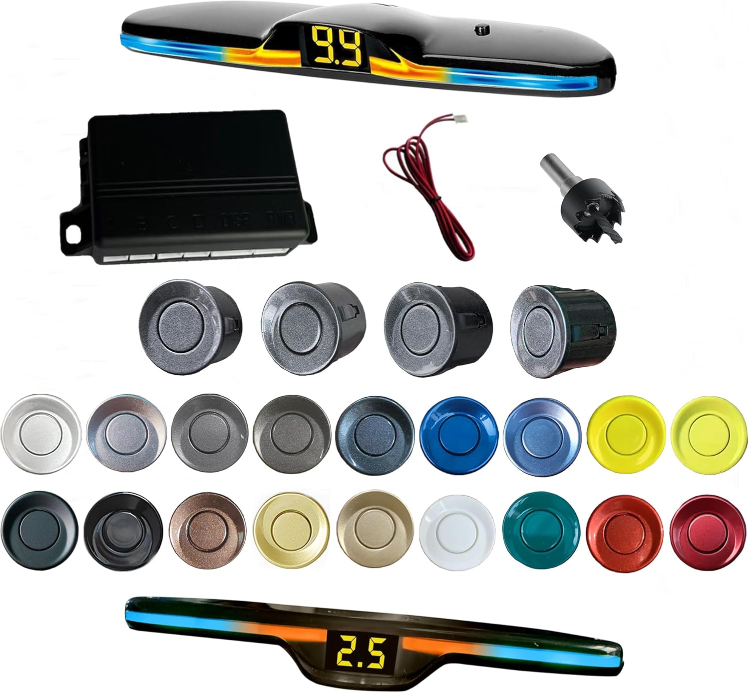 New Feature Rear Parking Sensor with Selectable Distance in Feet, Bidirectional Display Options, and Customizable Numeric Orientation and There are 18 Color Probes to Choose from(Grey)