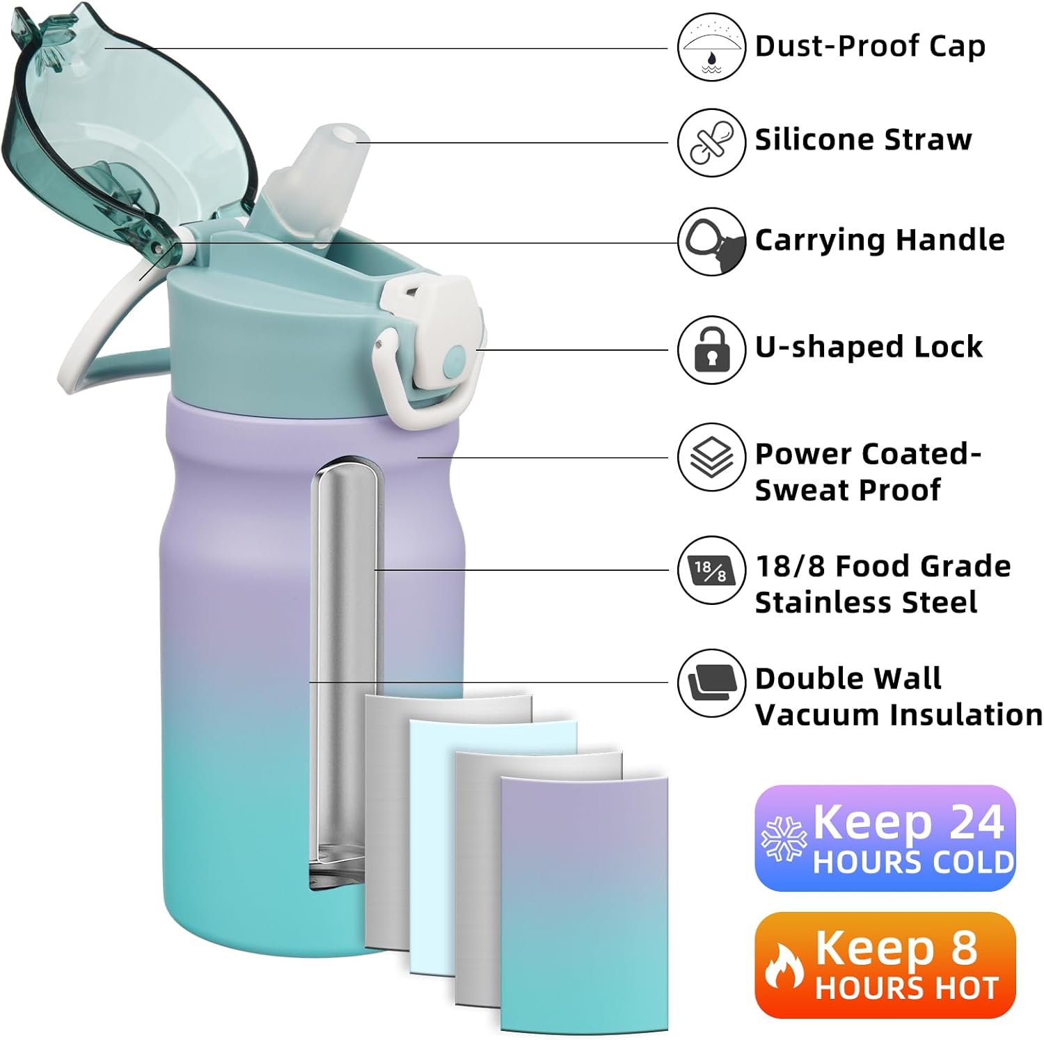 BJPKPK 14oz Insulated Water Bottle with Straw Stainless Steel Double Wall Water Bottles BPA Free Leak Proof Thermal Flask with Lockable Flip Lid,Lavender Green