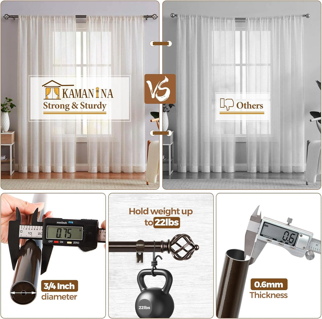KAMANINA 2 Pack Curtain Rods 32 to 86 Inches (2.6-7.1ft), 3/4 Inch Curtain Rods for Windows Splicing Adjustable Single Drapery Rod with Twisted Cage Finial, for Indoor and Outdoor, Bronze