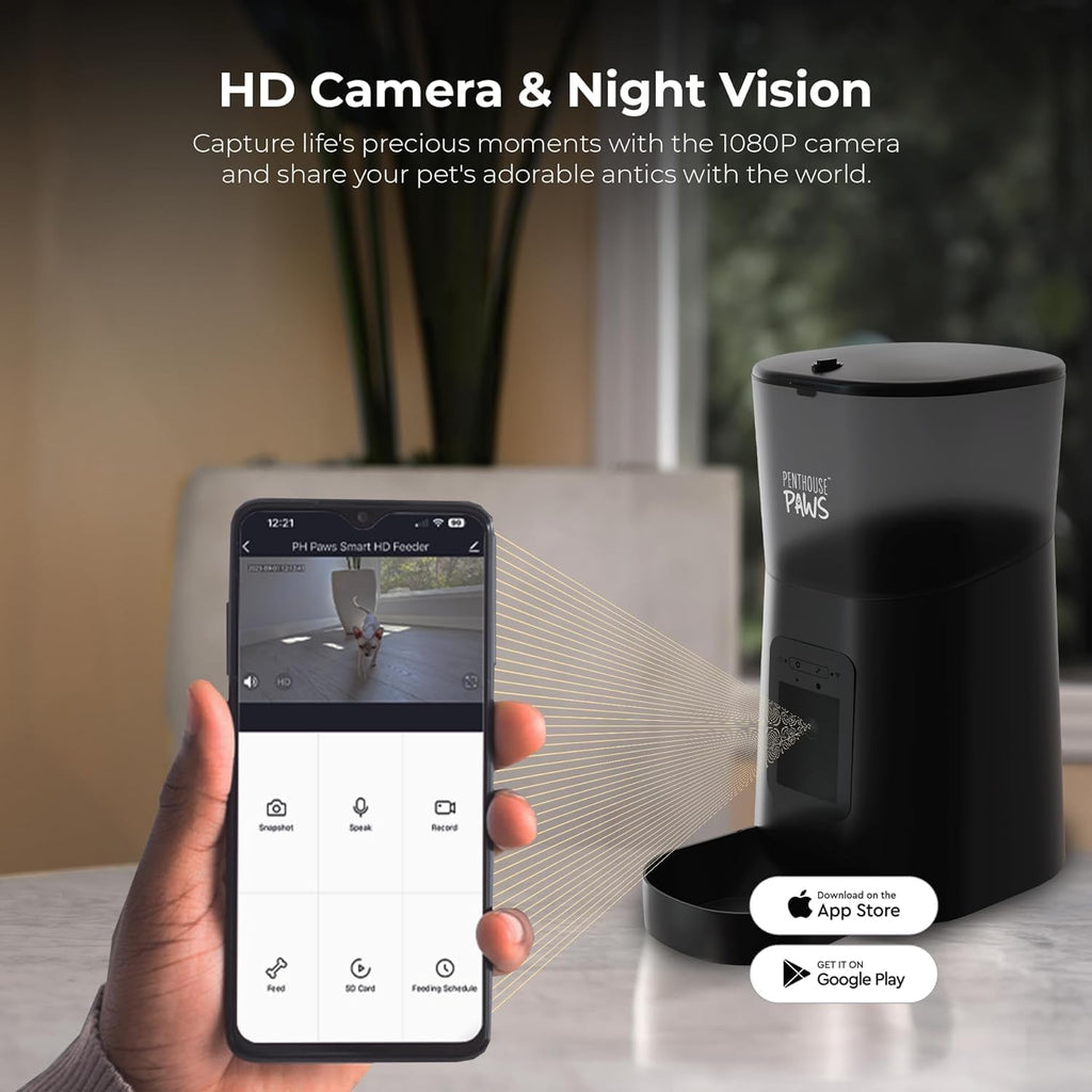 Smart HD Automatic Cat Feeder with 1080P Camera & Night Vision, 2-Way Audio, WiFi App Control, Anti-Jam 6L Cat Feeder with Backup Power, Easy to Clean, Schedules Up to 15 Meals for Cat & Dog, Black