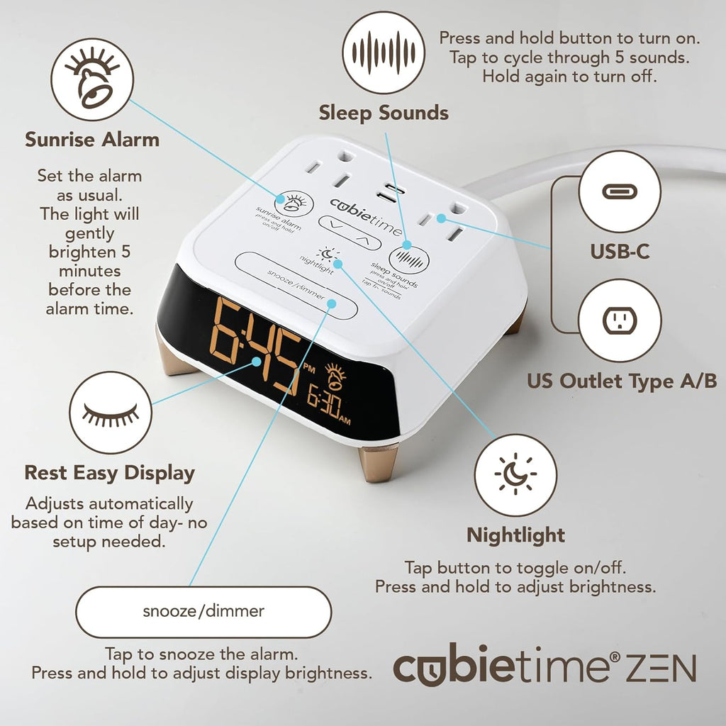 Brandstand CubieTime Zen | Alarm Clock Charger with White Noise and Sunrise Alarm | 2 USB-C Ports | 2 Tamper Resistant Outlets | Night Light
