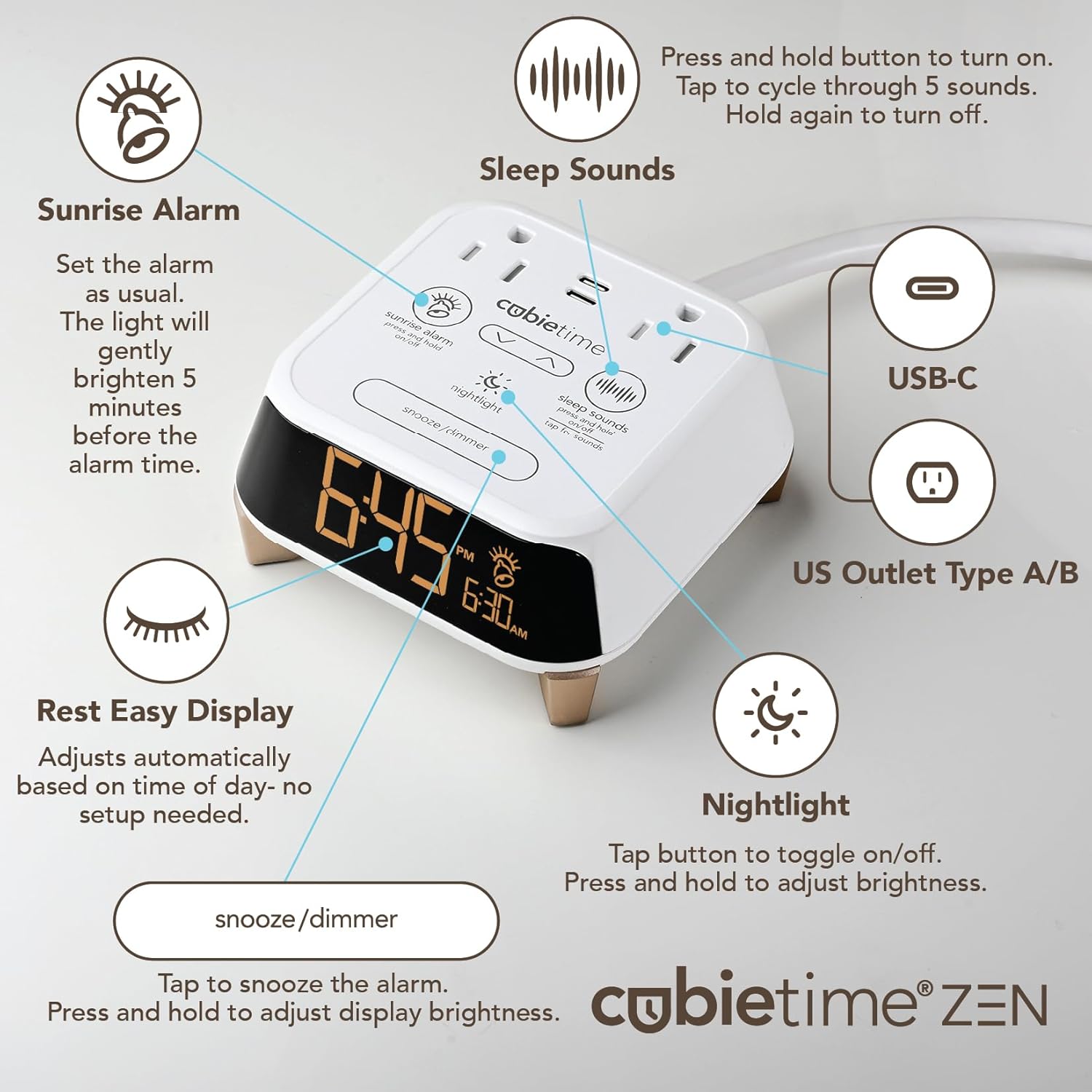 Brandstand CubieTime Zen | Alarm Clock Charger with White Noise and Sunrise Alarm | 2 USB-C Ports | 2 Tamper Resistant Outlets | Night Light