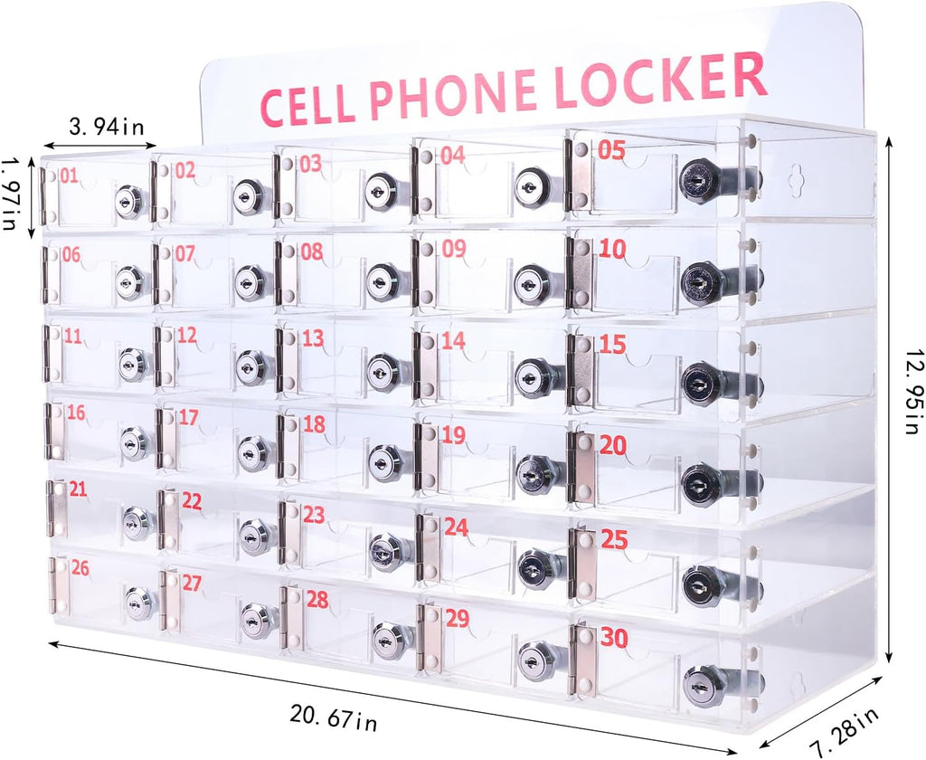 30 Slots Clear Cell Phone Locker,Acrylic Cell Phone Organizer Phones Storage Cabinet Wall Mounted with Door Locks Keys for Factory Office School 12.9X20.6X7.2inch