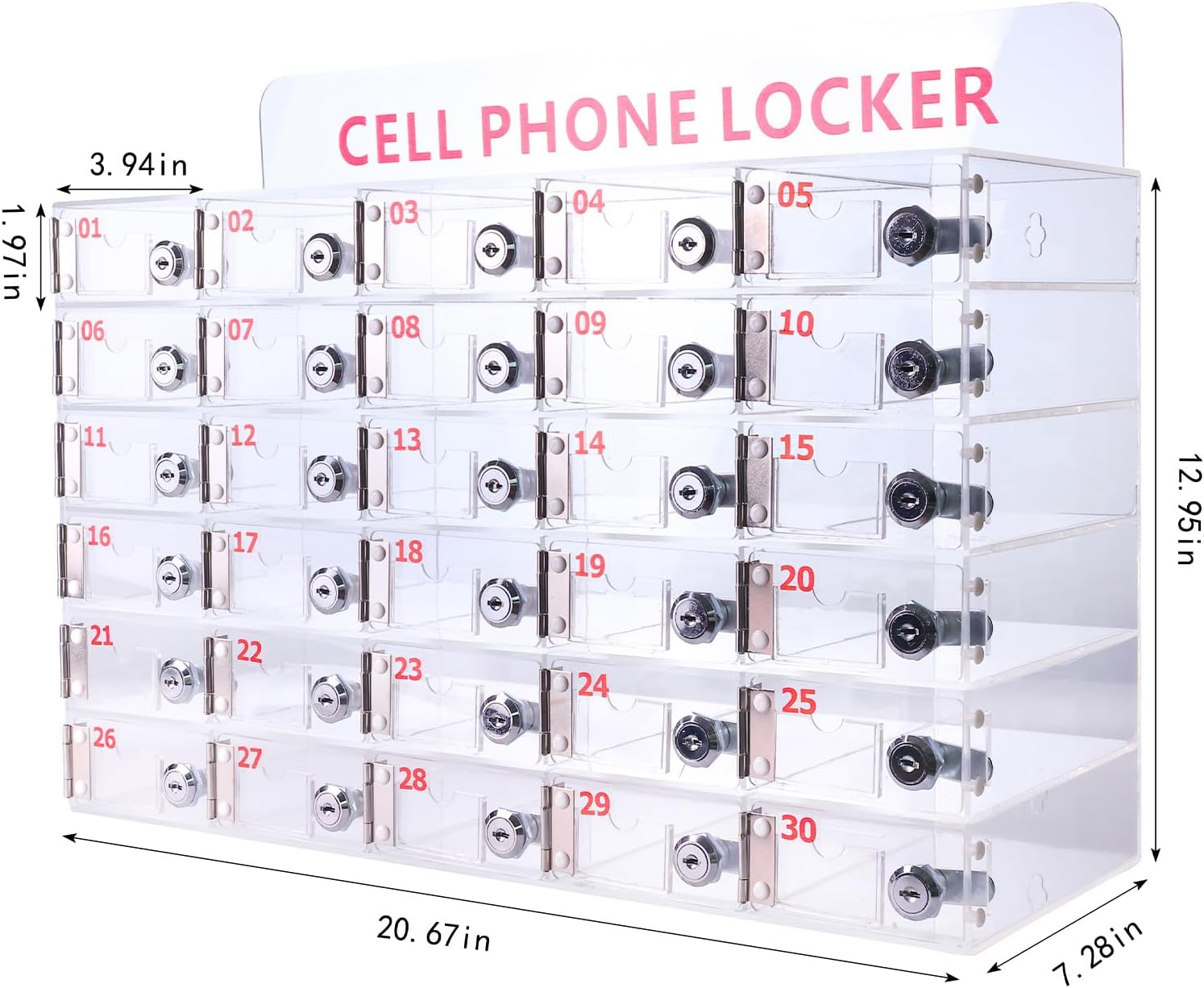 30 Slots Clear Cell Phone Locker,Acrylic Cell Phone Organizer Phones Storage Cabinet Wall Mounted with Door Locks Keys for Factory Office School 12.9X20.6X7.2inch