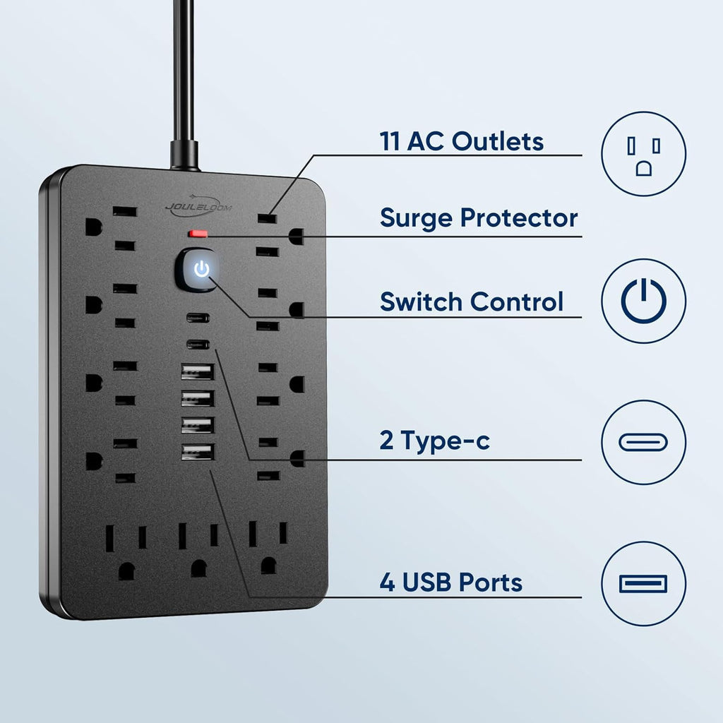 10 FT Flat Plug Surge Protector Power Strip,11 Multiple AC Outlets with 6 USB Ports (2 USB C), 10 Feet Extension Cord, 1250W/10A, One Touch Switch Button, 17 in 1 Compact powerstrip