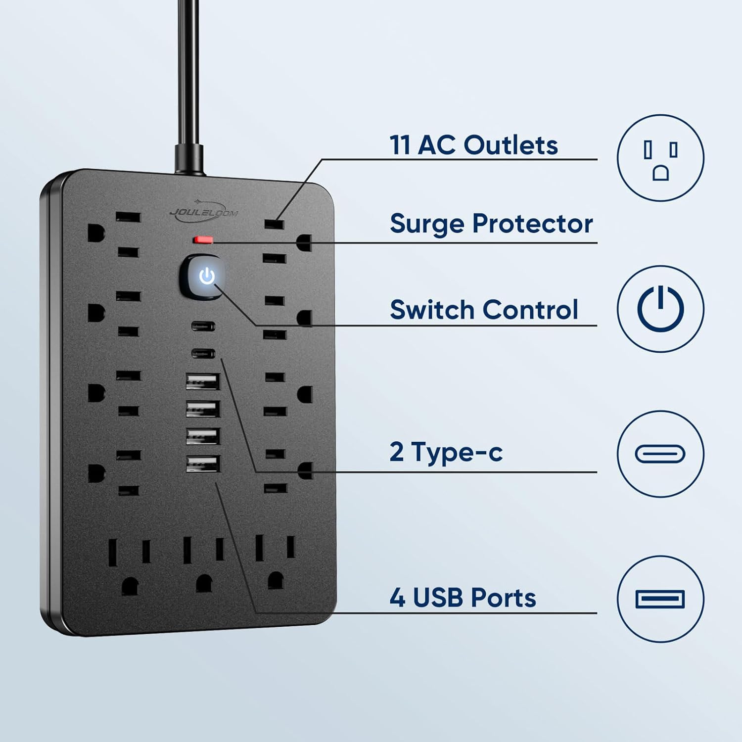 10 FT Flat Plug Surge Protector Power Strip,11 Multiple AC Outlets with 6 USB Ports (2 USB C), 10 Feet Extension Cord, 1250W/10A, One Touch Switch Button, 17 in 1 Compact powerstrip