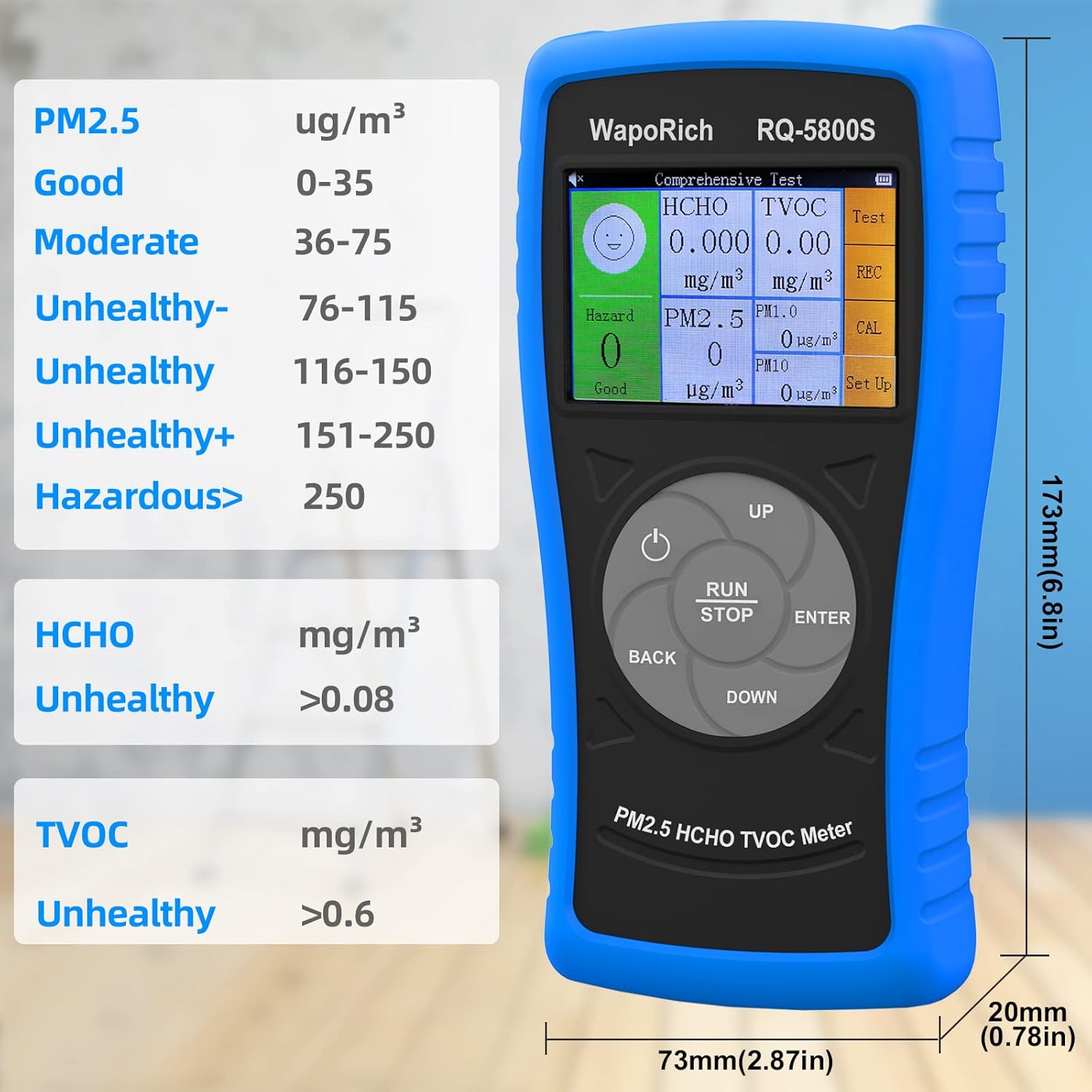 Air Quality Monitor PM2.5/PM10 Particle Counter, Ammonia Gas Detector Formaldehyde Detector Indoor/Outdoor Air Pollution Detection TVOC Volatile Organic Compound Gas USB Rechargeable
