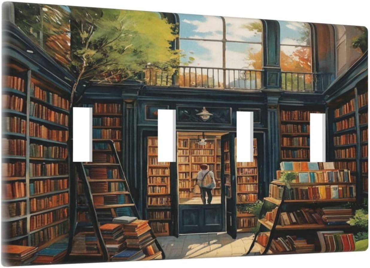 Library With A Lot Of Books Light Switch Covers Quad Toggle 4 Gang Wall Plate Decorative Switchplate Electrical Faceplate for Farmhouse Bathroom Living Decor