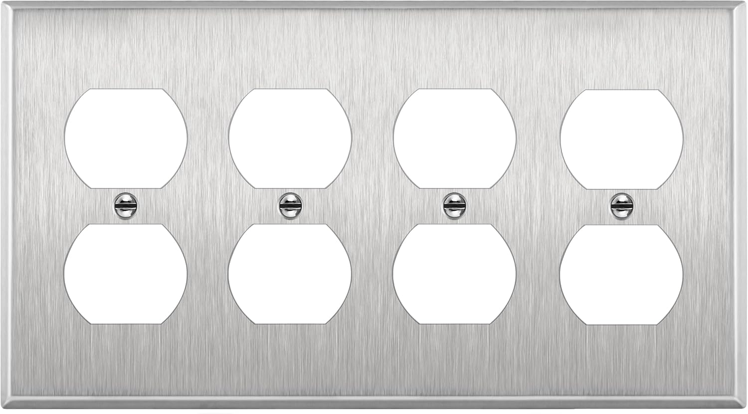 ENERLITES Duplex Receptacle Stainless Steel Wall Plate, Metal Corrosive Resistant Cover for Electrical Socket Receptacles, 4-Gang 4.50" x 8.19", 7724, 430 Stainless Steel, UL Listed, Silver
