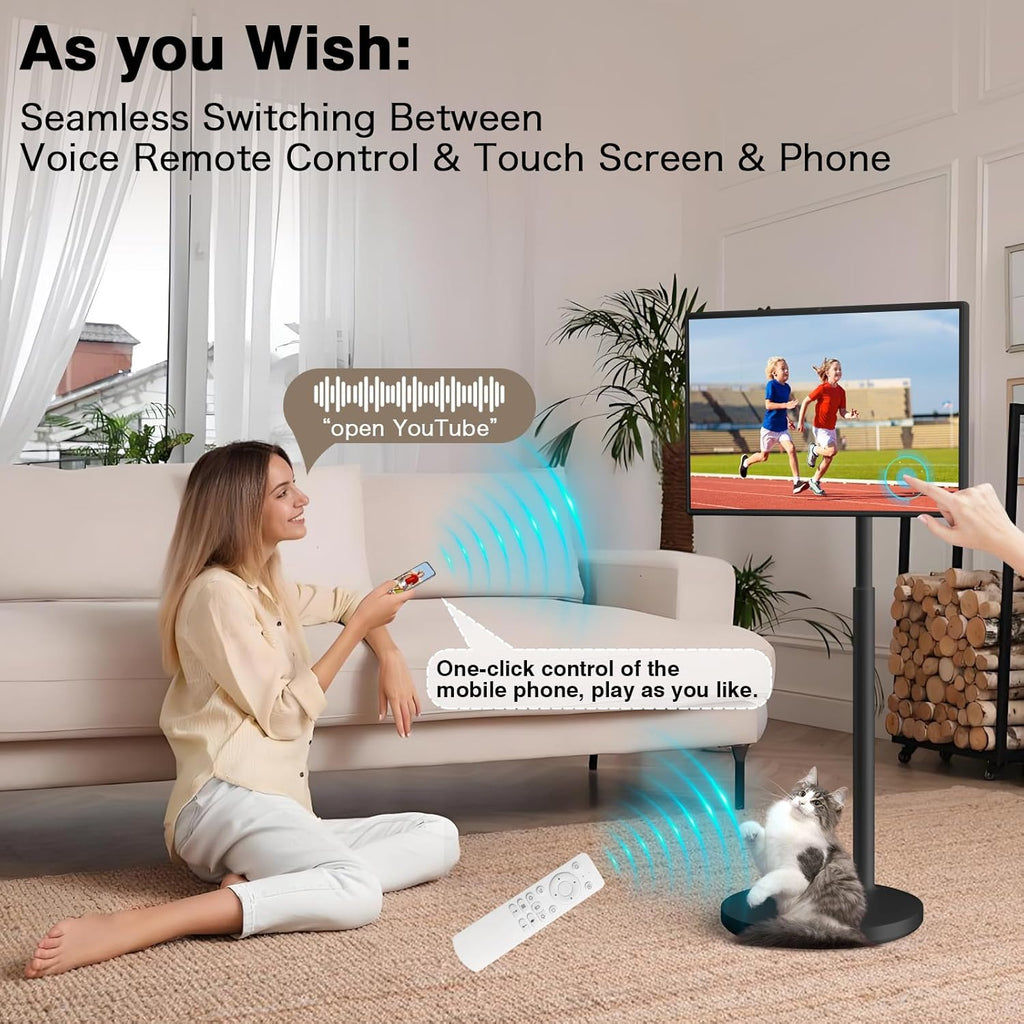 Portable Smart Screen On Wheels, 4K Touchscreen Display, Build-in 4K Camera, Rolling TV Android 13 OS, Built-in Battery (5-8H), Remote Control, 8+128GB Storage (Black/32 inches Ultra)
