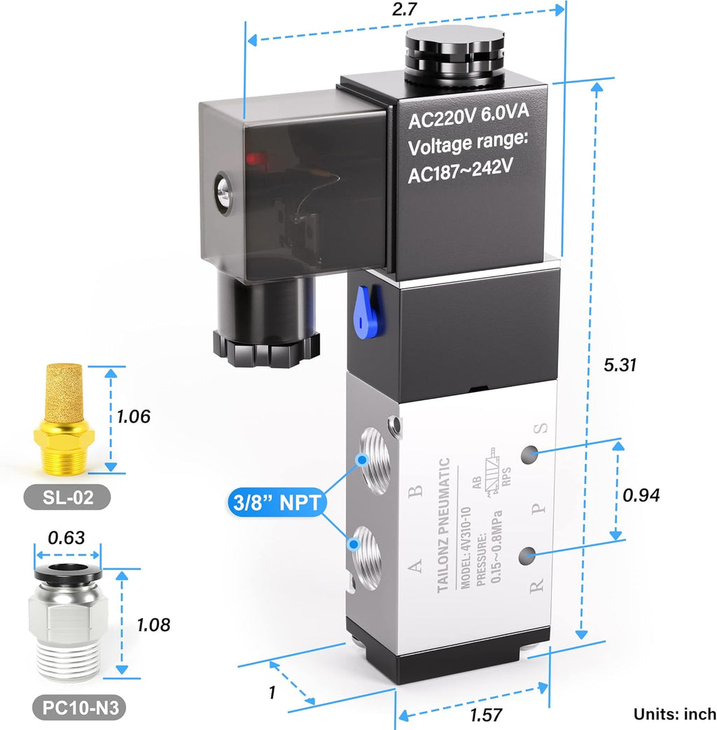 TAILONZ PNEUMATIC 3/8"NPT Solenoid Valve 4V310-10 AC220V Single Coil Pilot-Operated Electric 2 Position 5 Way Connection Type Junction Box