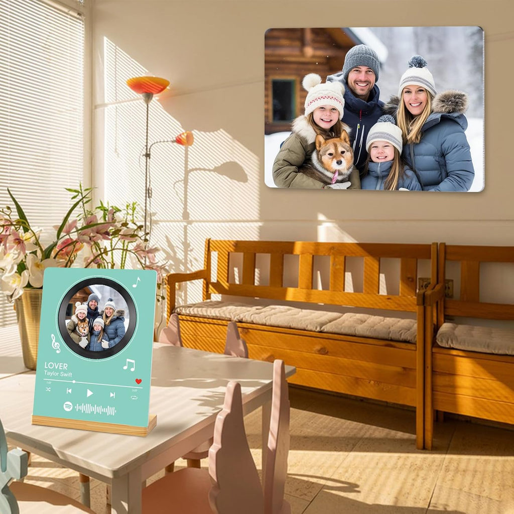 Custom Photo Prints - Metal Desktop Picture Frame with Photos & Spotify Song Plaque & Wooden Base Personalized Gifts for Family Friends and Lovers, Optional Multiple Sizes