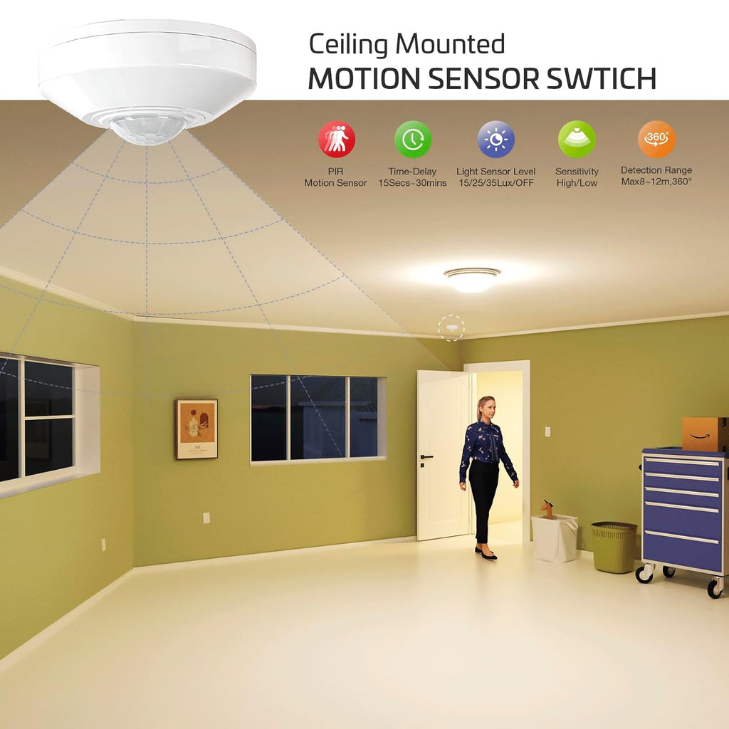 RAYZEEK 360 Degree Ceiling Mount Occupancy Sensor Switch, 5A,120V, High Sensitive Ceiling Motion Sensor,1600 Sq Ft Coverage, Commercial or Residential Automatic Sensing Solution,Neutral Wire Required