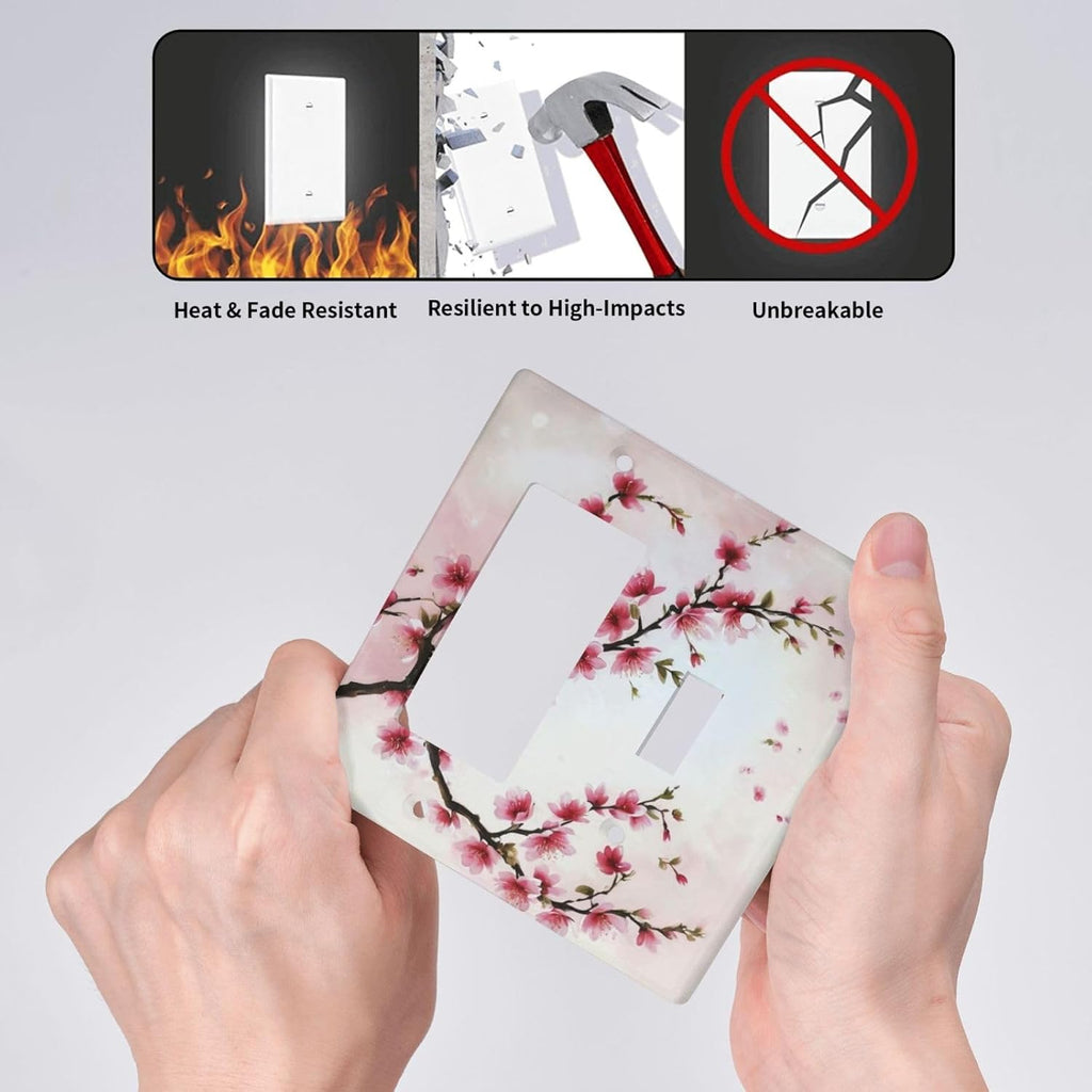 Branch with Pink Flowers Light Switch Covers 2 Gang Single Toggle Rocker Combination Wall Plate Cover Electrical Faceplate Decorative Switchplate for Farmhouse Living Decor