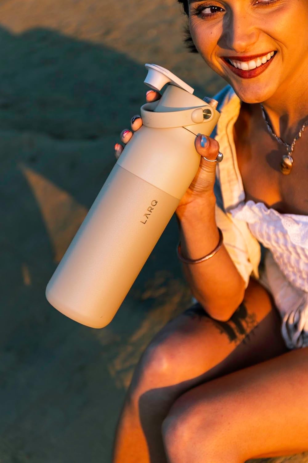 LARQ Bottle Swig Top 34oz - Insulated Reusable Stainless Steel Water Bottle With Built-In Silicone Handle | BPA Free | For Sports, Gym, and Travel | Mojave Dune