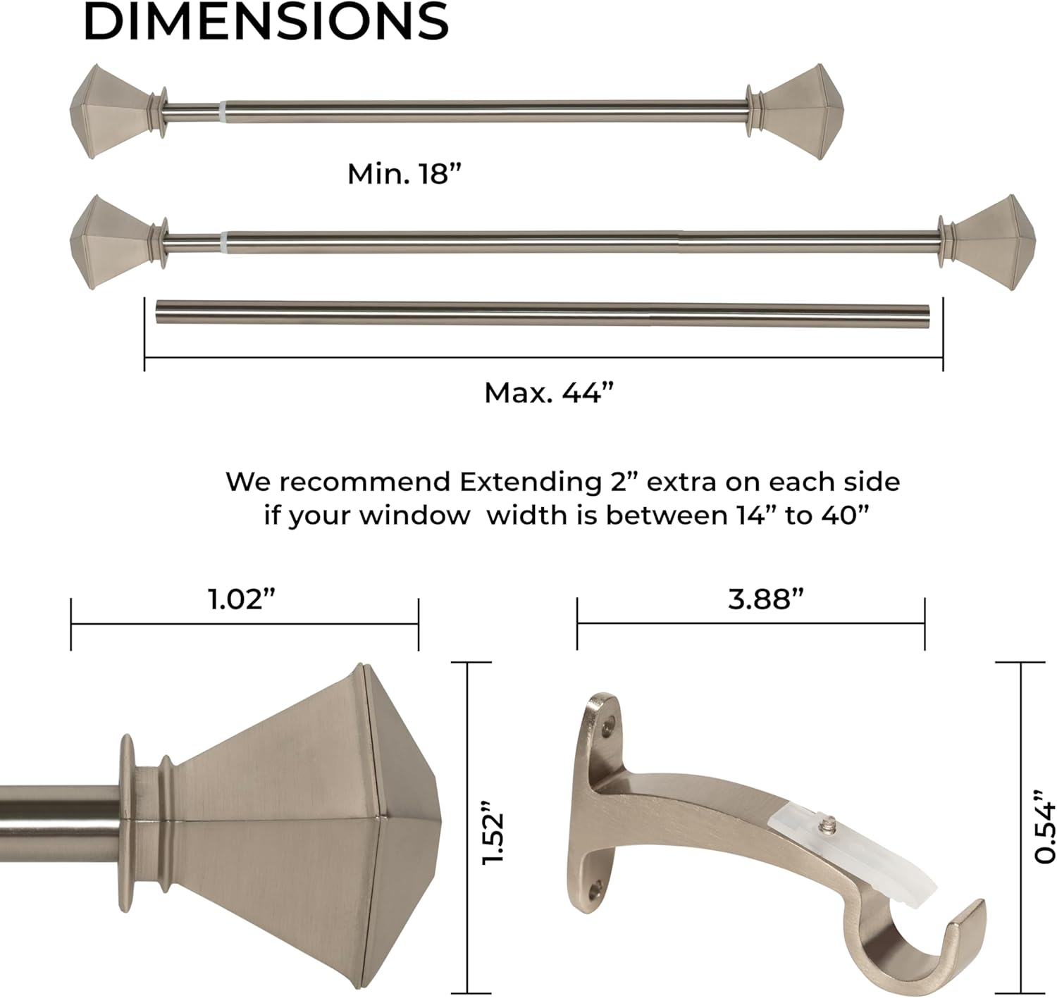 Deco Window Adjustable Curtain Rod for Windows 18 to 44 Inch (Pack of 1) Extendable Heavy Duty 3/4 Inch Iron Drapery Pole with Finials Wall Mounted French Door Curtain Rods (Silver)