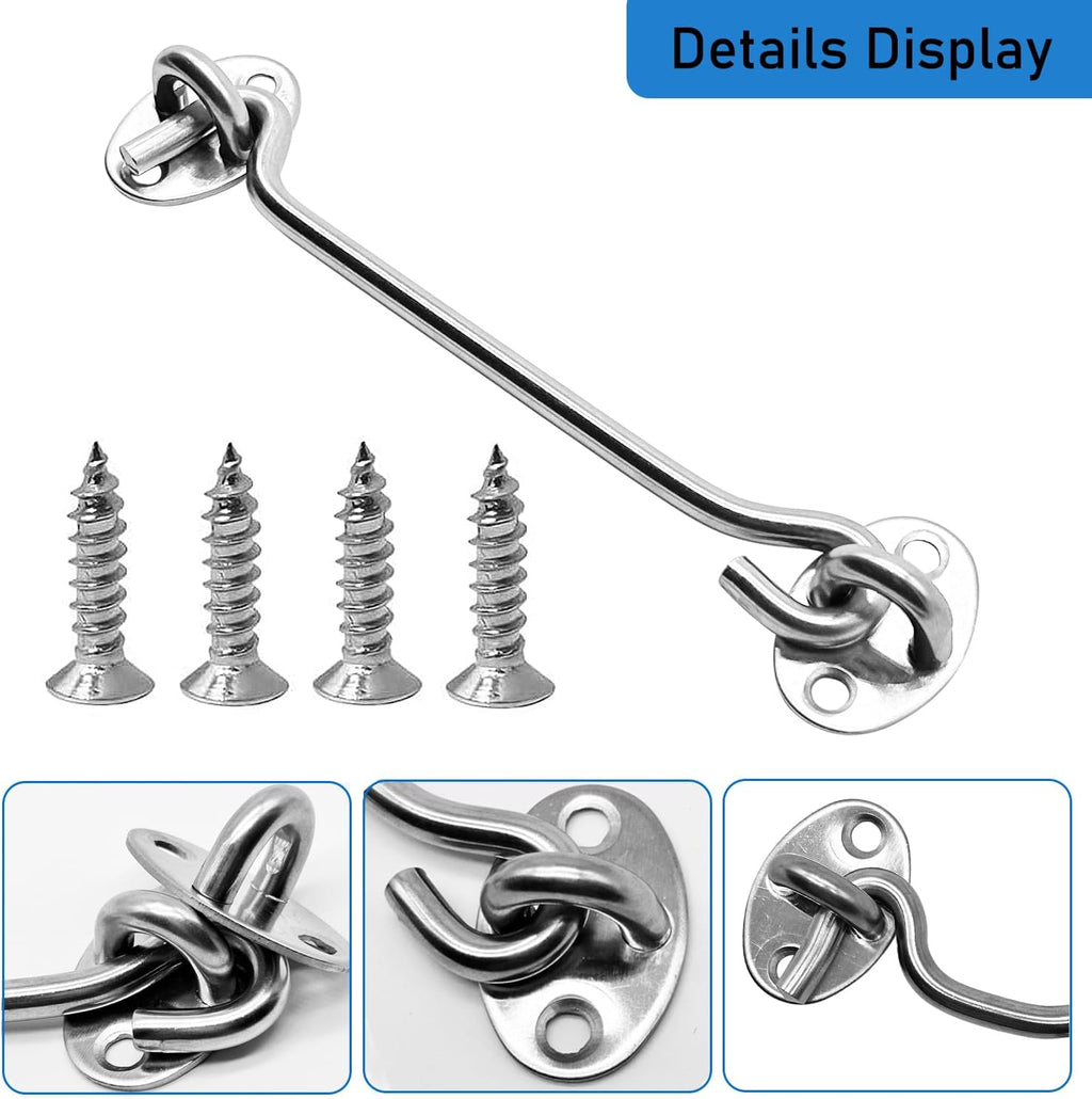 4 Pack 6" Hook and Eye Gate Latch, Stainless Steel Rust-Resistant Barn Door Lock Cabin Hooks for Gate Shutters Window Slide Barn Shed Cabinet Bathroom, with 16pcs Screw,Silver