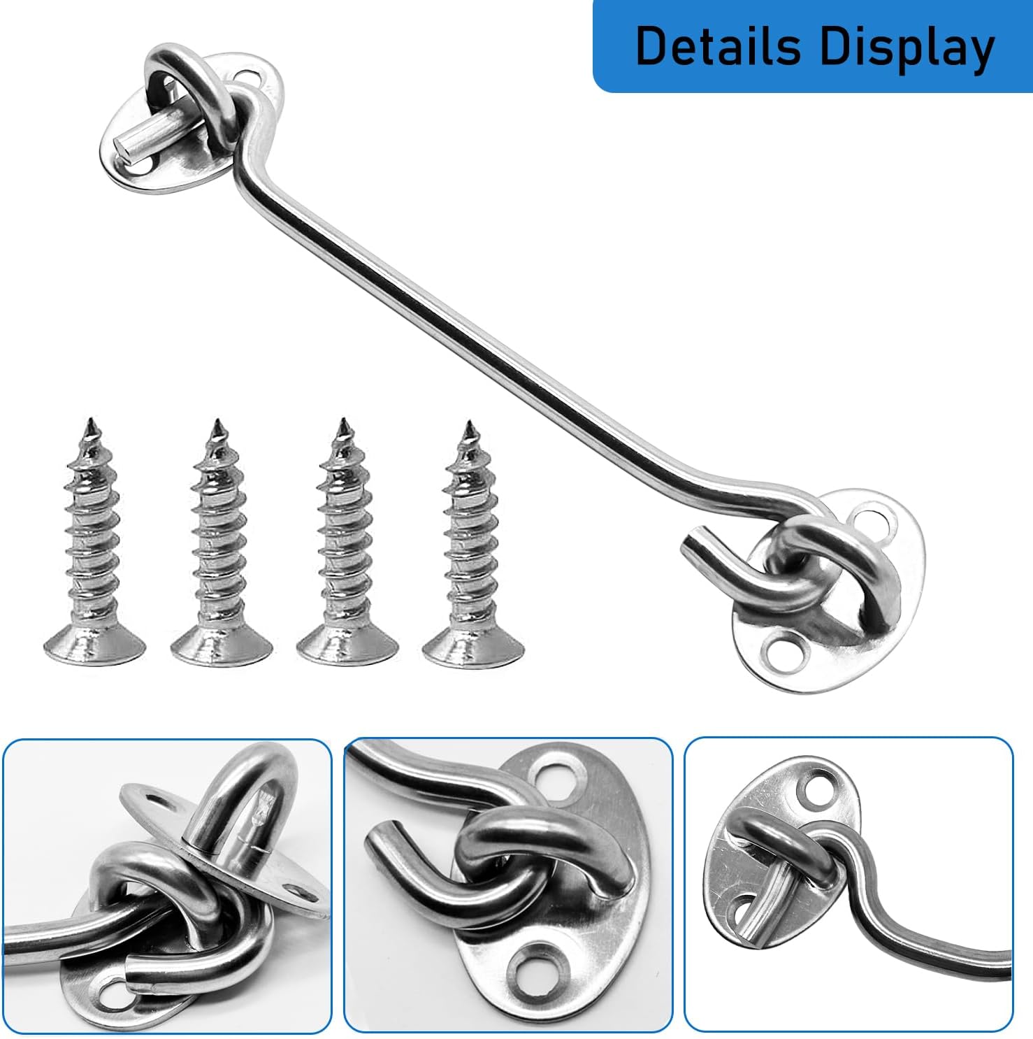 4 Pack 6" Hook and Eye Gate Latch, Stainless Steel Rust-Resistant Barn Door Lock Cabin Hooks for Gate Shutters Window Slide Barn Shed Cabinet Bathroom, with 16pcs Screw,Silver