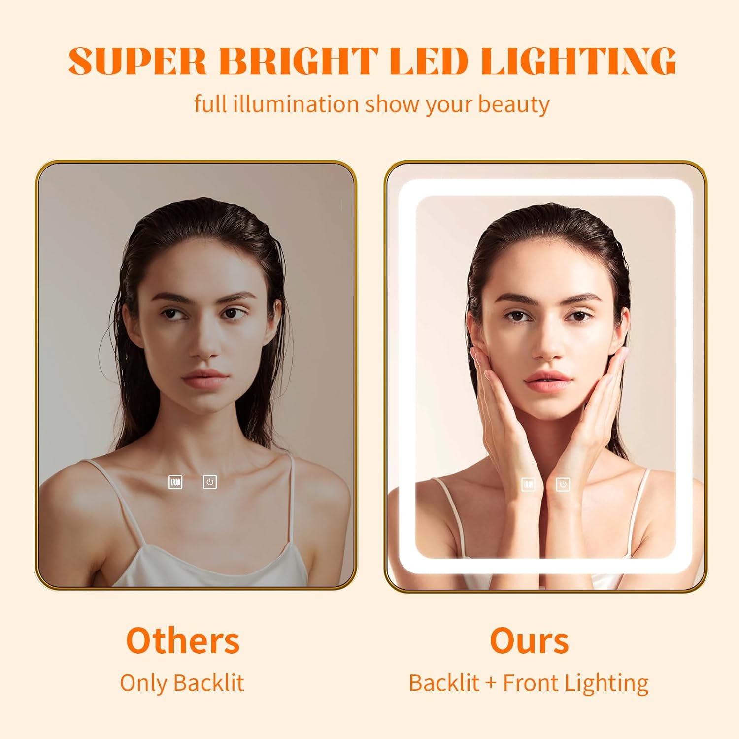 LED Bathroom Mirrors with Lights,24" x 36" Gold Square LED Mirror for Bathroom,Fogless,3 Colors Dimmable, Touch Sensor
