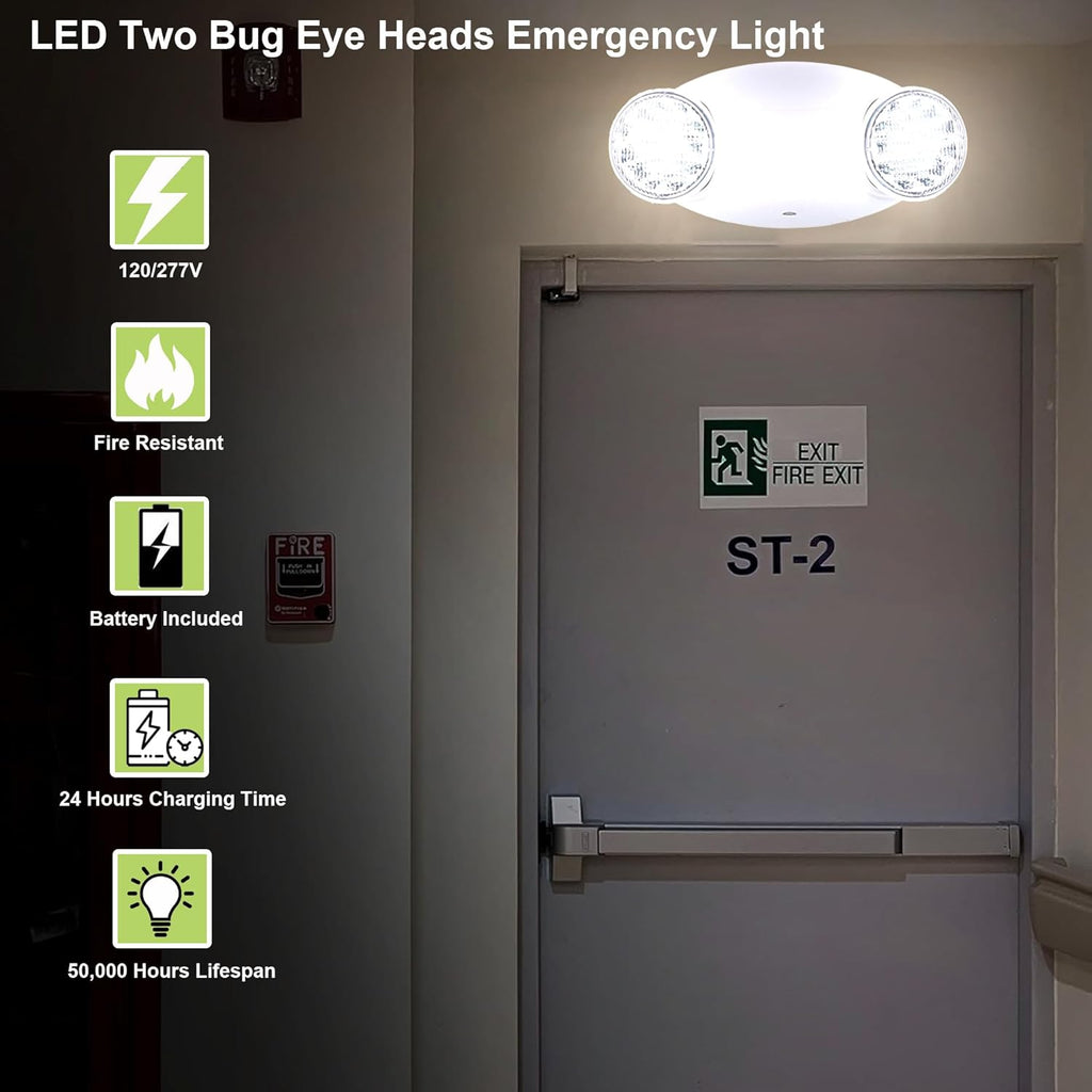 LIT-PaTH LED Emergency Lighting Fixtures with 2 LED Bug Eye Heads and Back Up Batteries- US Standard Exit Light, UL 924 and CEC Qualified, 120/277 Voltage, White, 6-Pack
