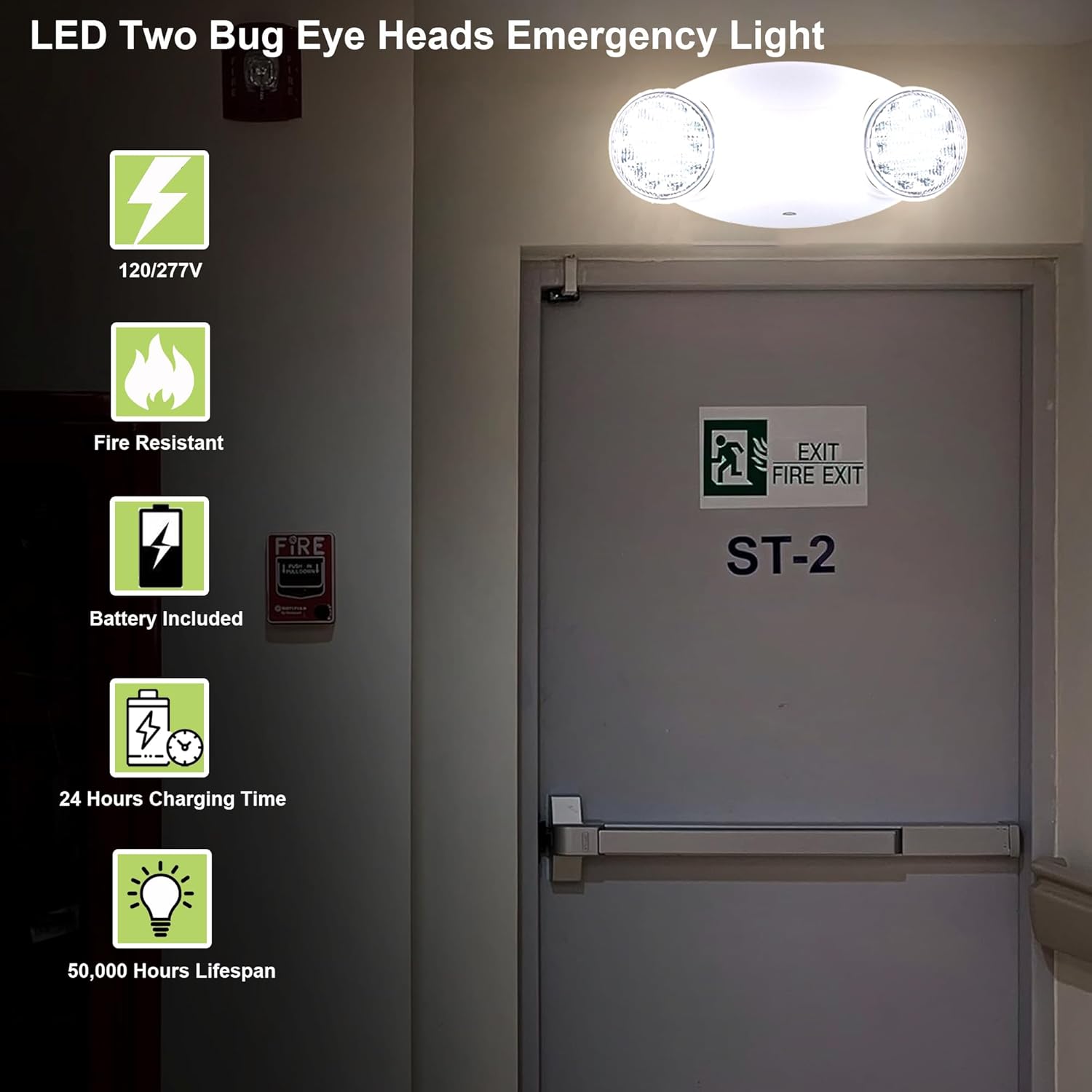 LIT-PaTH LED Emergency Lighting Fixtures with 2 LED Bug Eye Heads and Back Up Batteries- US Standard Exit Light, UL 924 and CEC Qualified, 120/277 Voltage, White, 4-Pack