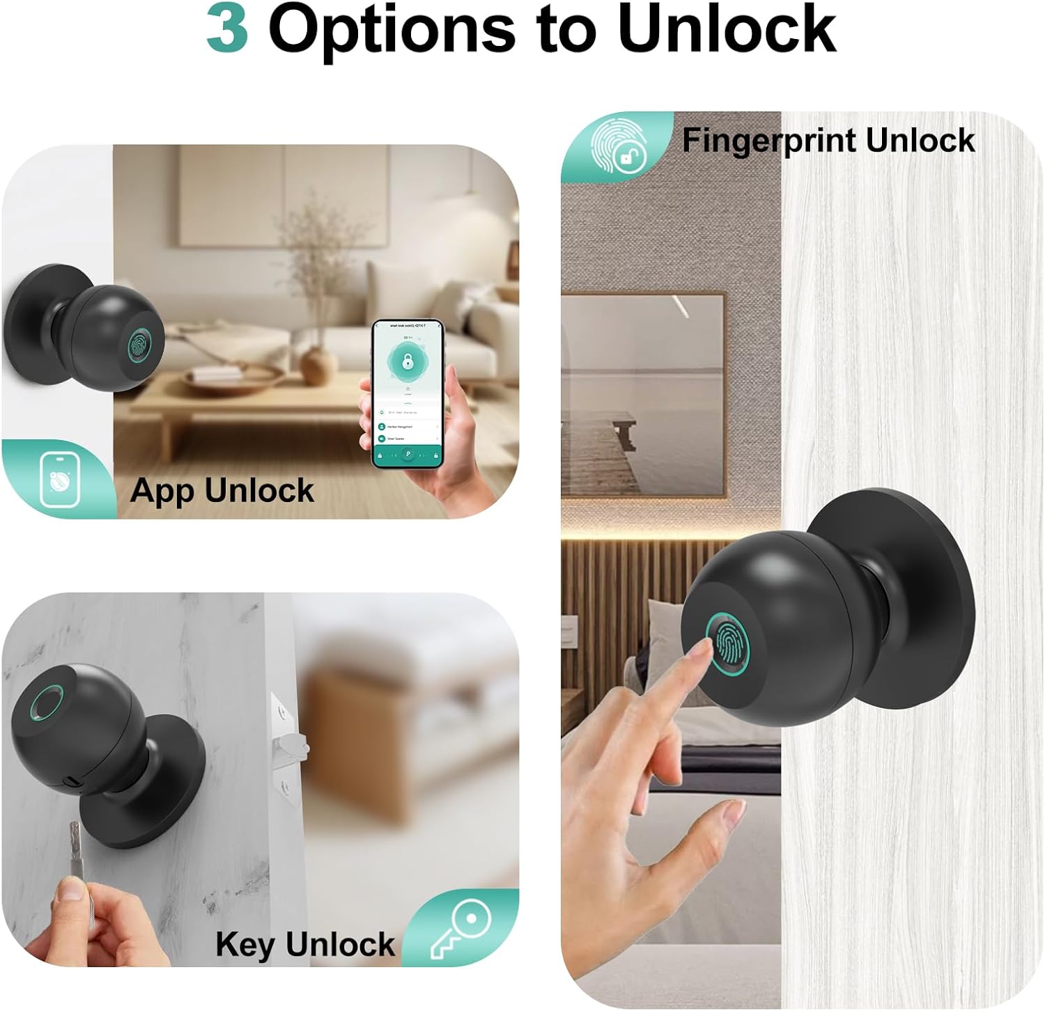 Fingerprint Door Lock, Smart Door Knob, Keyless Entry Door Lock with App Control, Thumbprint Door Knob with Extra Power Bank, Suitable for Home, Apartments, Office - Matte Black