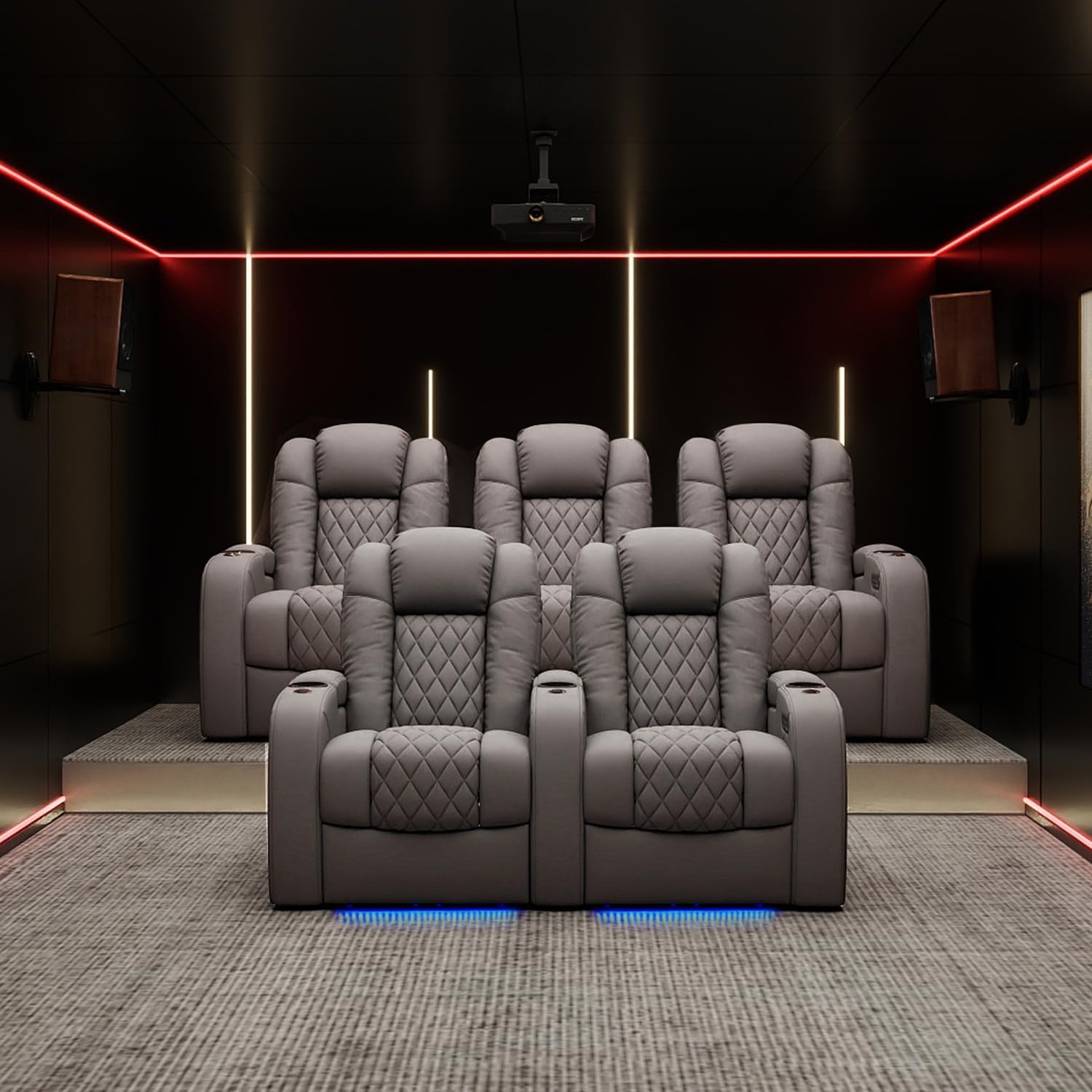 Weilianda Home Theater Seating Top Grain Leather Zero Gravity Recliner Chair Power Headrest Recline Movie Seat Gaming 7 Colors Mood Light Sofa with Tray Table USB Charge Row of 3 Grey
