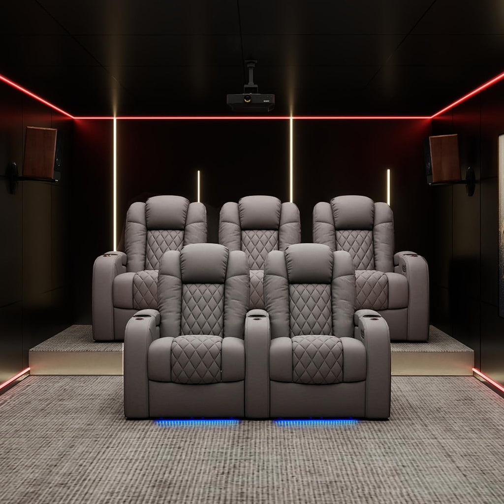 Weilianda Home Theater Seating Top Grain Leather Zero Gravity Recliner Chair Power Headrest Recline Movie Seat Gaming 7 Colors Mood Light Sofa with Tray Table USB Charge Row of 4 Grey